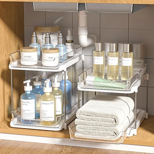 Delamu 2 Sets of 2-Tier Multi-Purpose Bathroom Under Sink Organizers and Storage, Stackable Kitchen Pantry Organization, Pull Out Medicine Cabinet Organizer with 8 Movable Dividers - 2Set-White