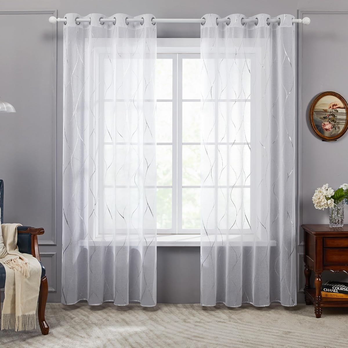 Deconovo Juego de 4 cortinas opacas y semitransparentes – 2 cortinas con aislamiento térmico para oscurecer la habitación 52 x 95 + 2 cortinas filtrantes de luz a juego 52 x 95, privacidad y estilo para dormitorio y sala de estar