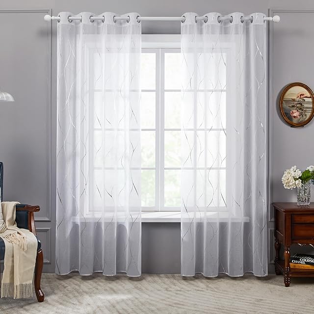 Deconovo Zasłona przezroczysta do salonu, z woalu, zasłona na przelotkach, 260 x 140 cm (wys. x szer.), biała, zestaw 2 sztuk