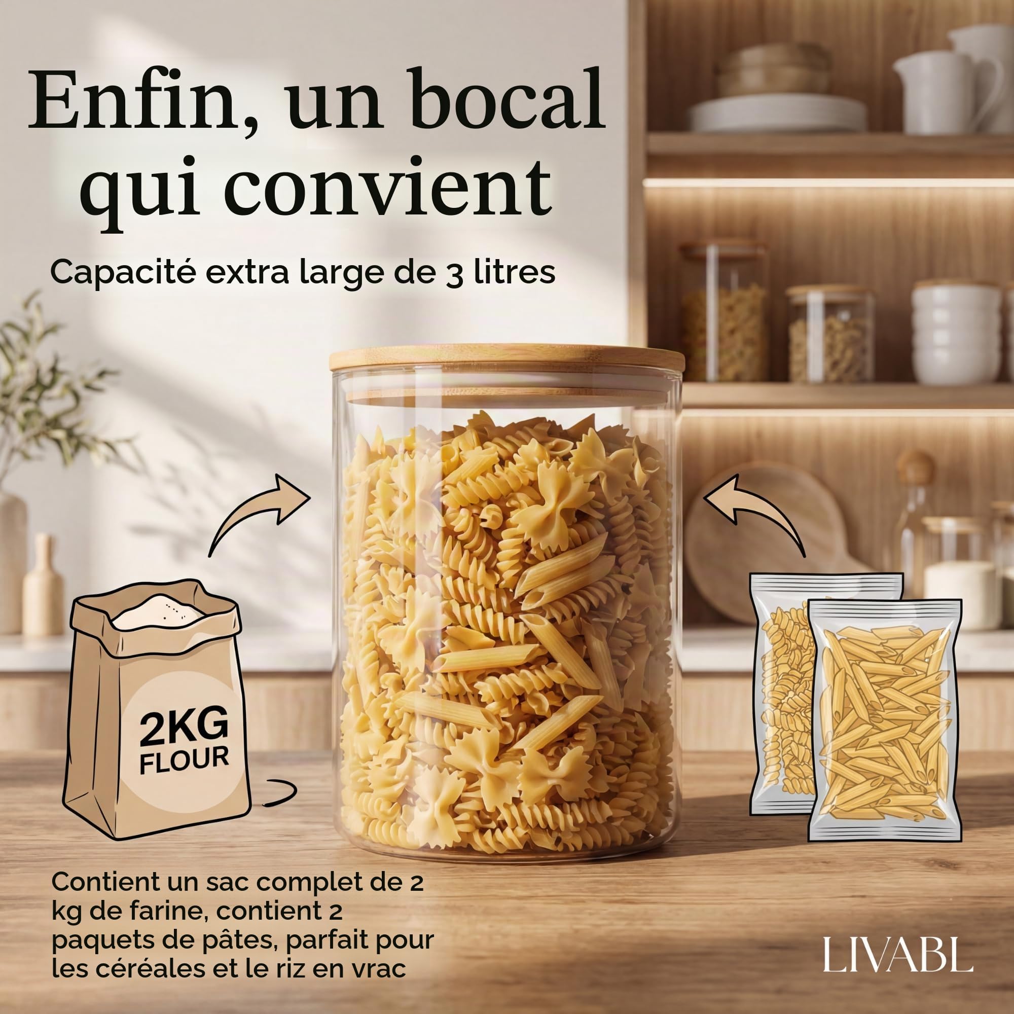 Livabl Grand bocal en verre avec couvercle (3 L) – Grand bocal avec couvercle hermétique en bambou pour le rangement de la cuisine – Extra large pour farine, pâtes, céréales, riz, etc