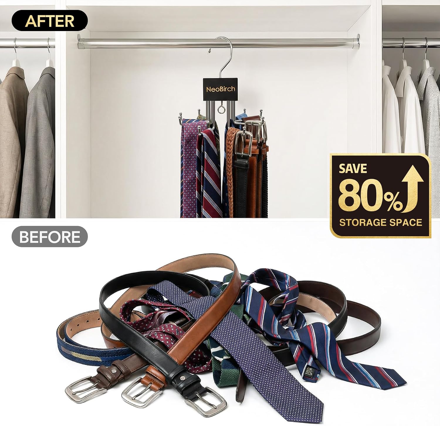 2 Pack Tie and Belt Hanger, Multi Hooks Closet Organizer Rack for caps