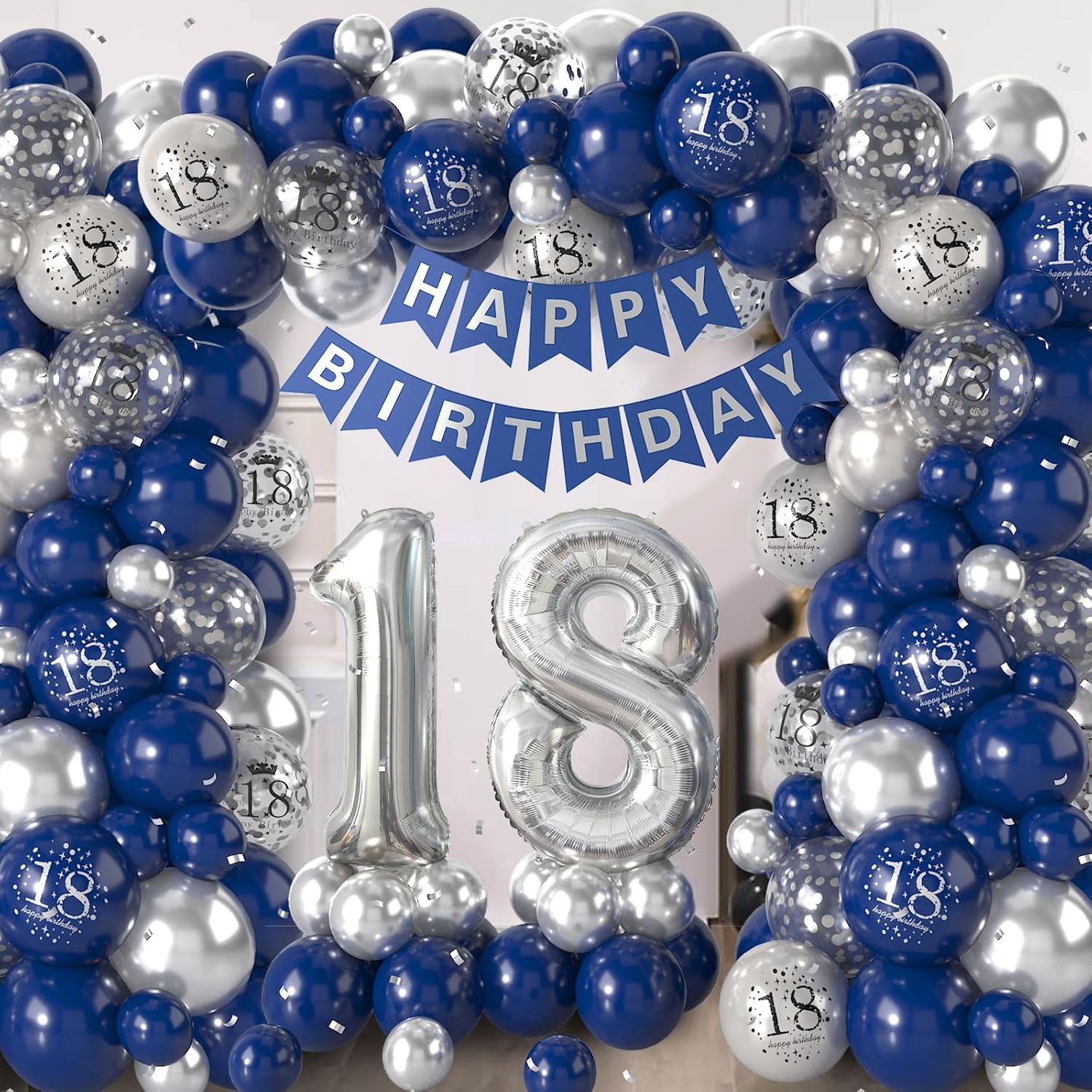 18th Birthday Decorations Navy Blue Silver,18th Balloon Garland with Number 18 Foil balloons,Happy Birthday Banner for Boys Girls 18 Birthday Party Decorations - Image 5