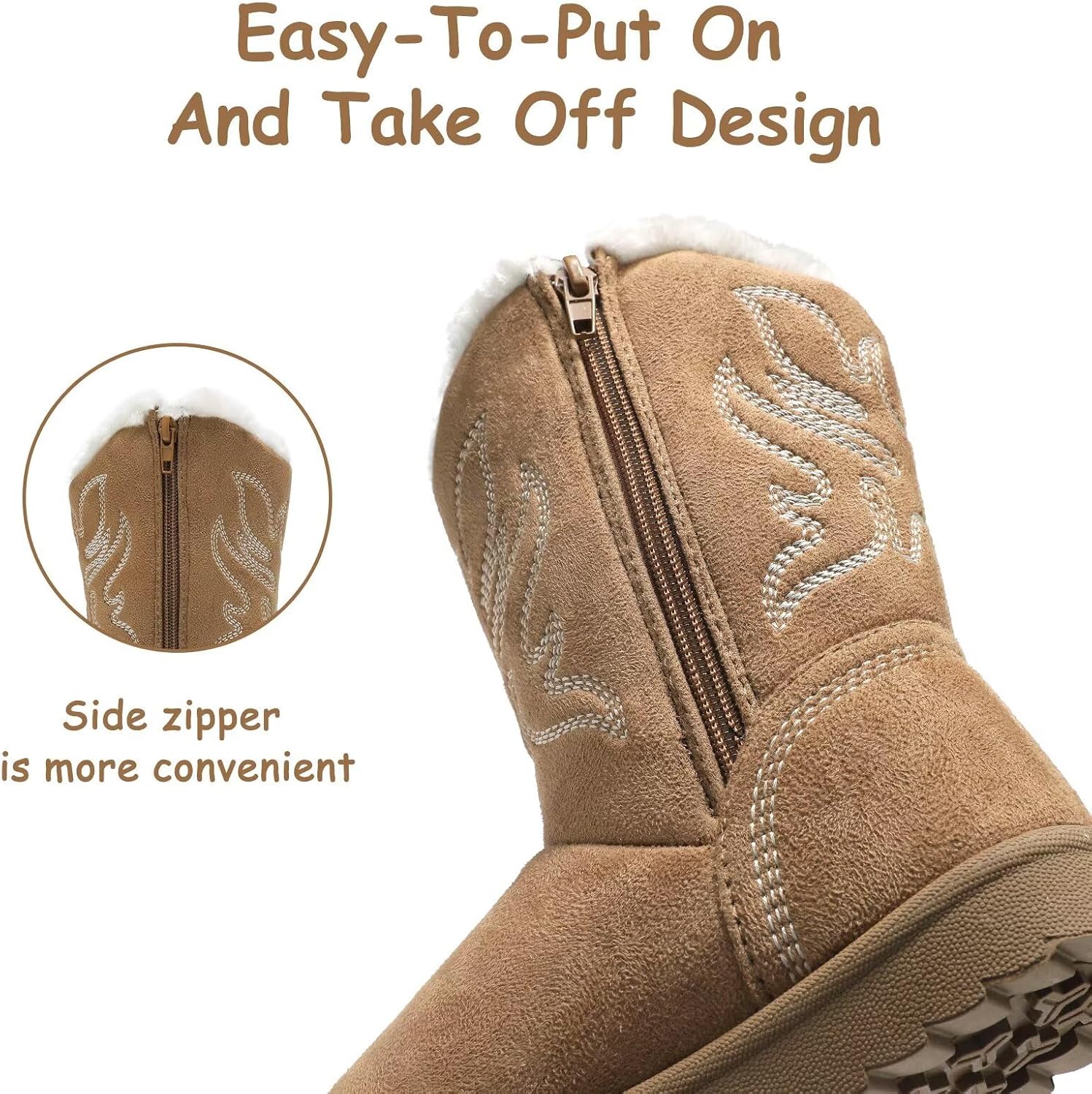 Girls Boots Fur Lined Kids Suede Cowgirl Boots Winter Warm Fuzzy Cowboy Boots Non-Slip Sole Mid Calf Snow Boots