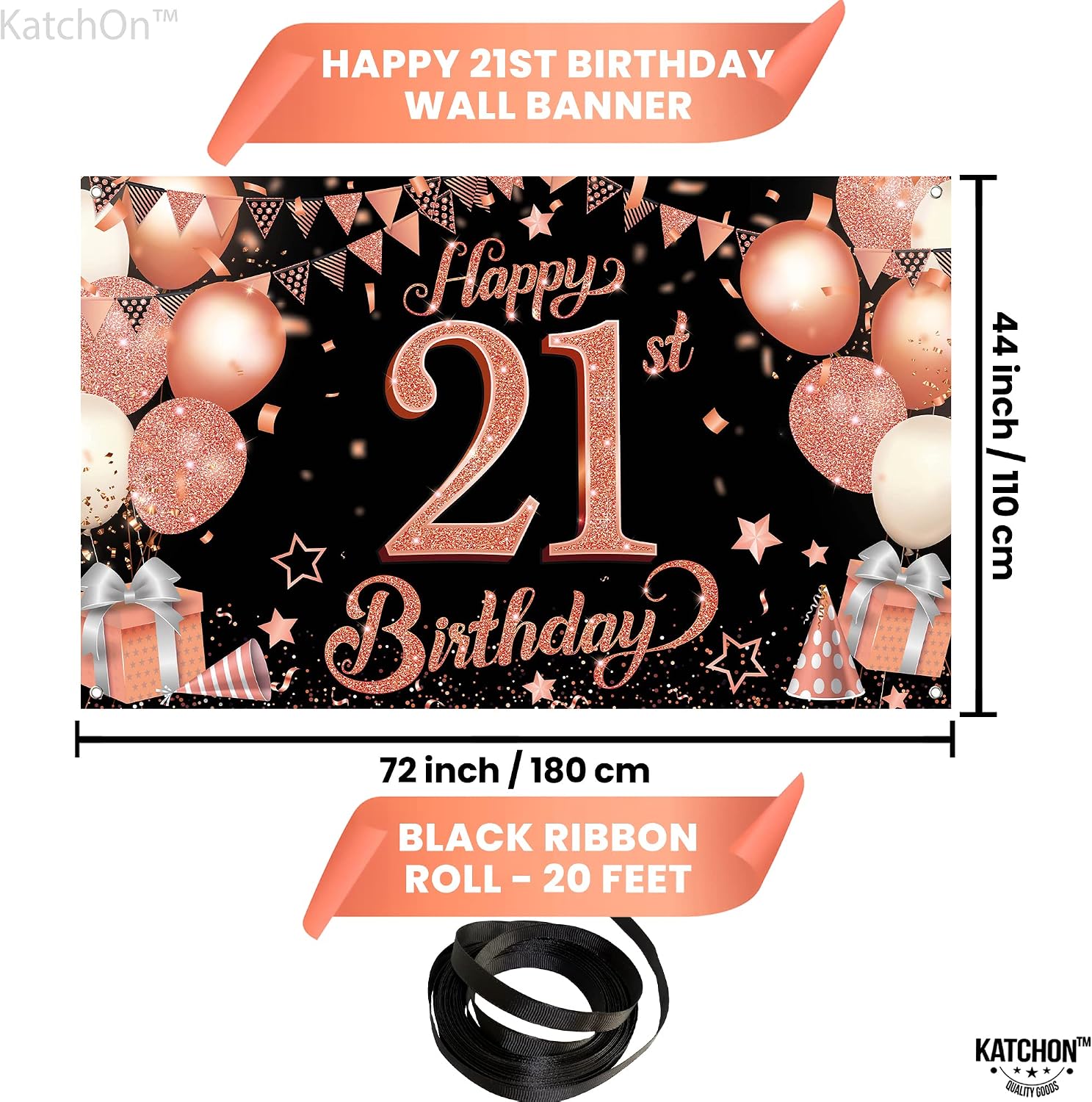 KatchOn, Rose Gold Happy 21st Birthday Banner - XtraLarge, 72x44 Inch | Rose Gold and Black 21st Birthday Decorations for Her | Pink 21 Bday Backdrop for Her
