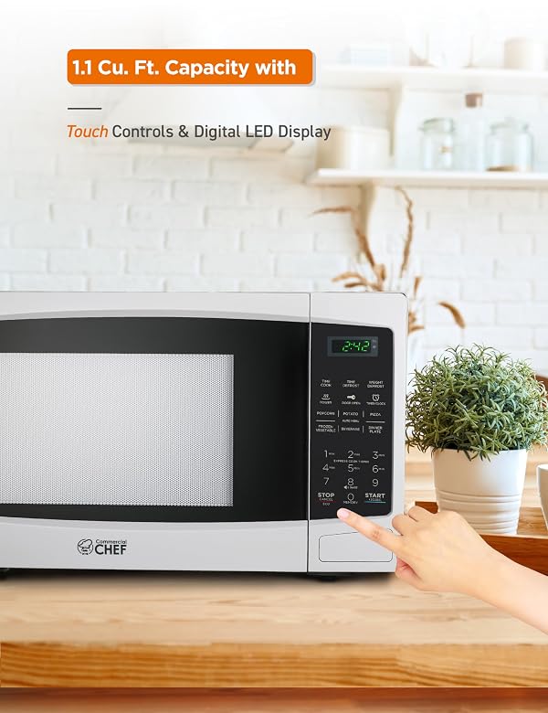 Commercial Chef 1.1 Cu. Ft. Countertop Microwave Oven, Touch Controls with Digital LED Display, 1000W Small Microwave with 12.4” Turntable Plate, Push Button Door, 10 Power Levels, CHM11MW, White by Commercial CHEF - Image 6