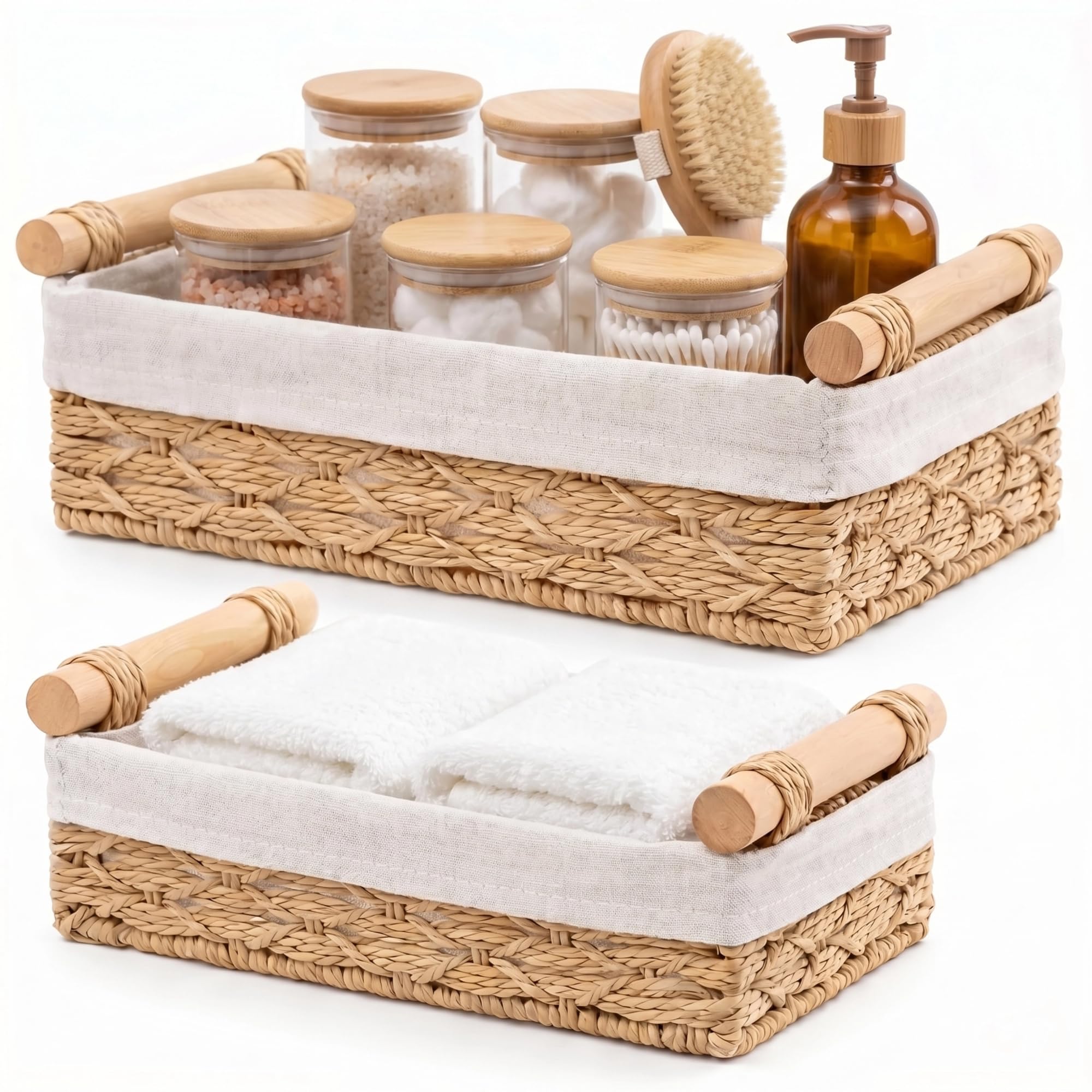 Photo 1 of Rattanzenith Bathroom Baskets Set of 2, Paper Rope, Wood Handles