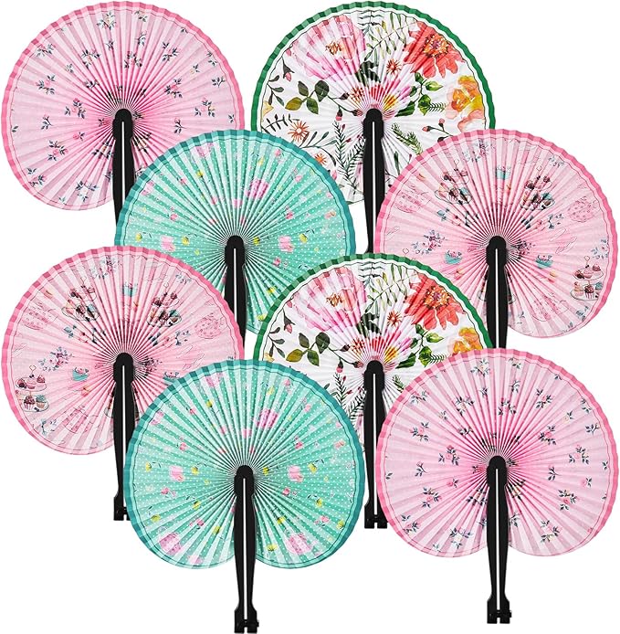 24 Pcs Floral Tea Party Round Foldable Hand Fan Girls Tea Party Favor 4 Patterns