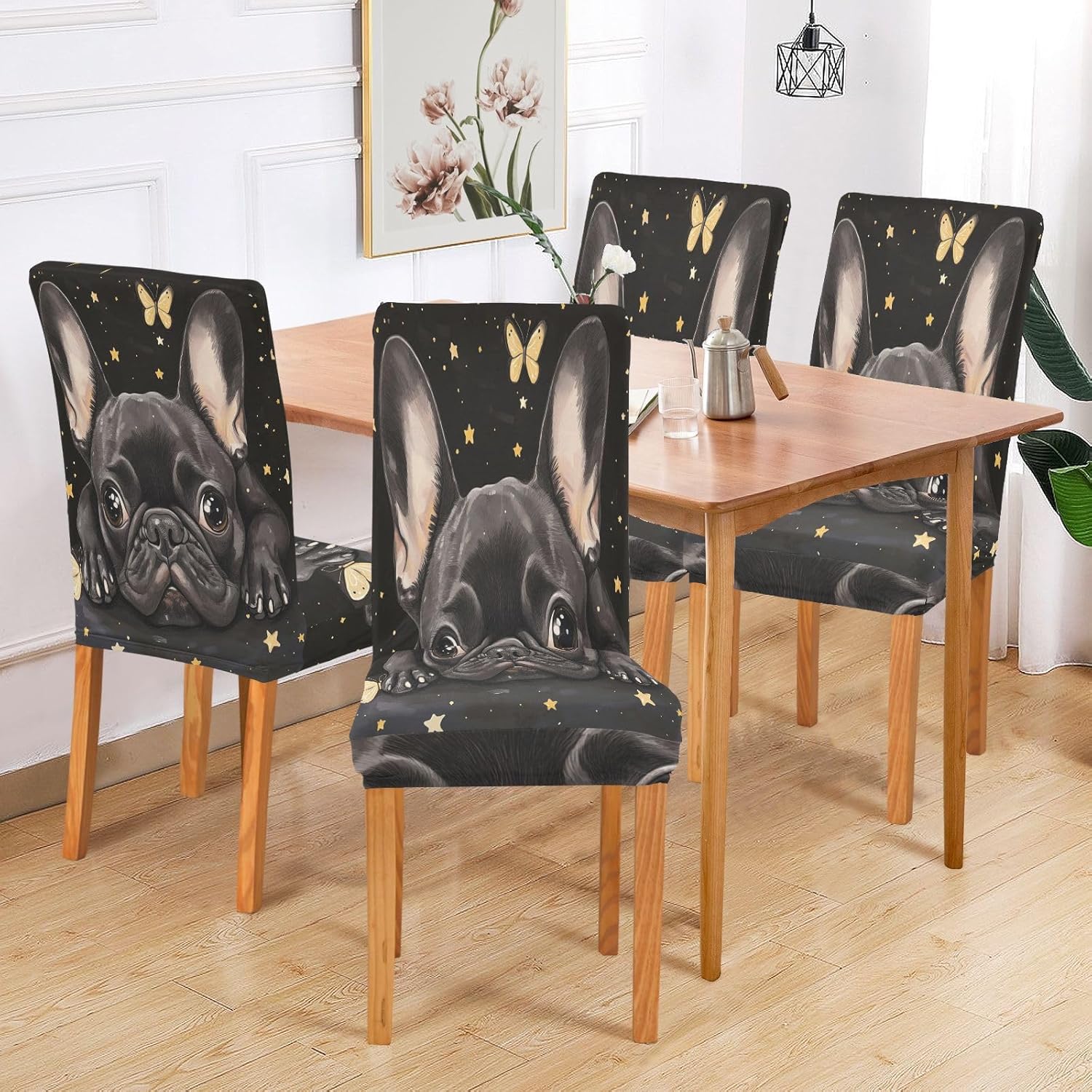 ALAZA Chair Covers for Dining Room, Cute French Bulldog with Butterflies Stars Stretch Chair Cover Sets Chair Protector Removable Washable for Ktichen Restaurant Hotel