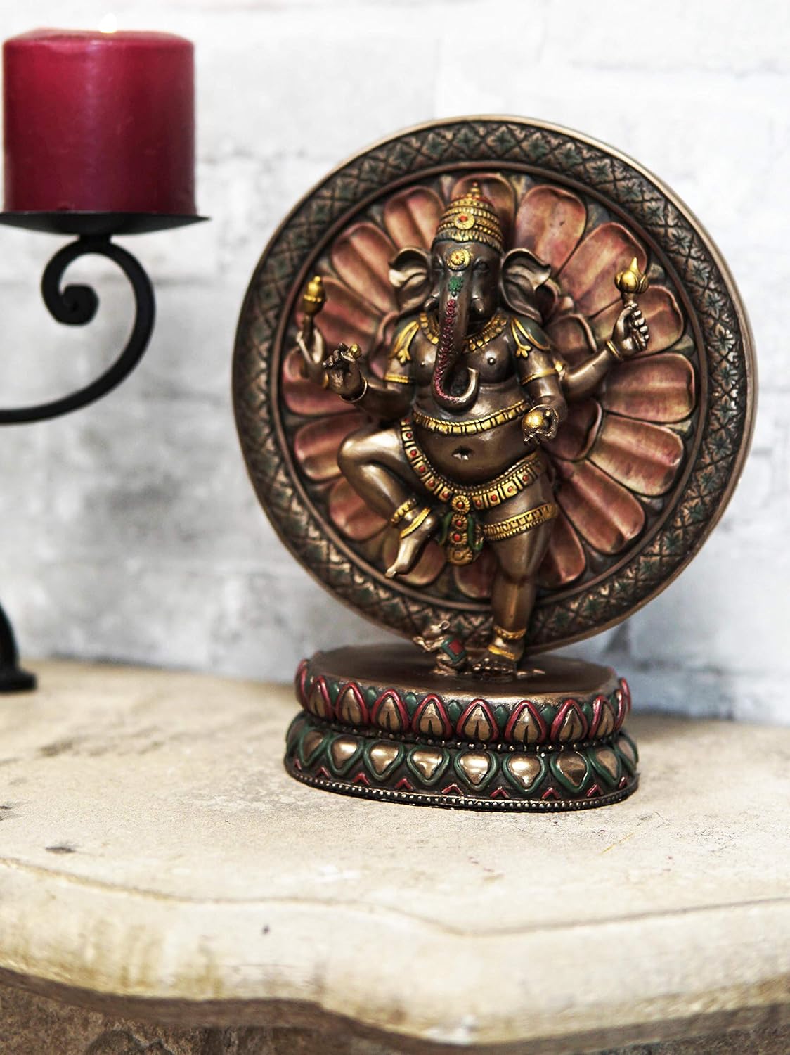 Ebros 9.25" Tall Hindu Supreme God Dancing Nritya Ganesha Chaturthi in One Legged Yoga Pose On Lotus Sun Disc Ohm Plaque Statue Patron of Success Arts and Wisdom Hinduism Vastu Altar Decorative