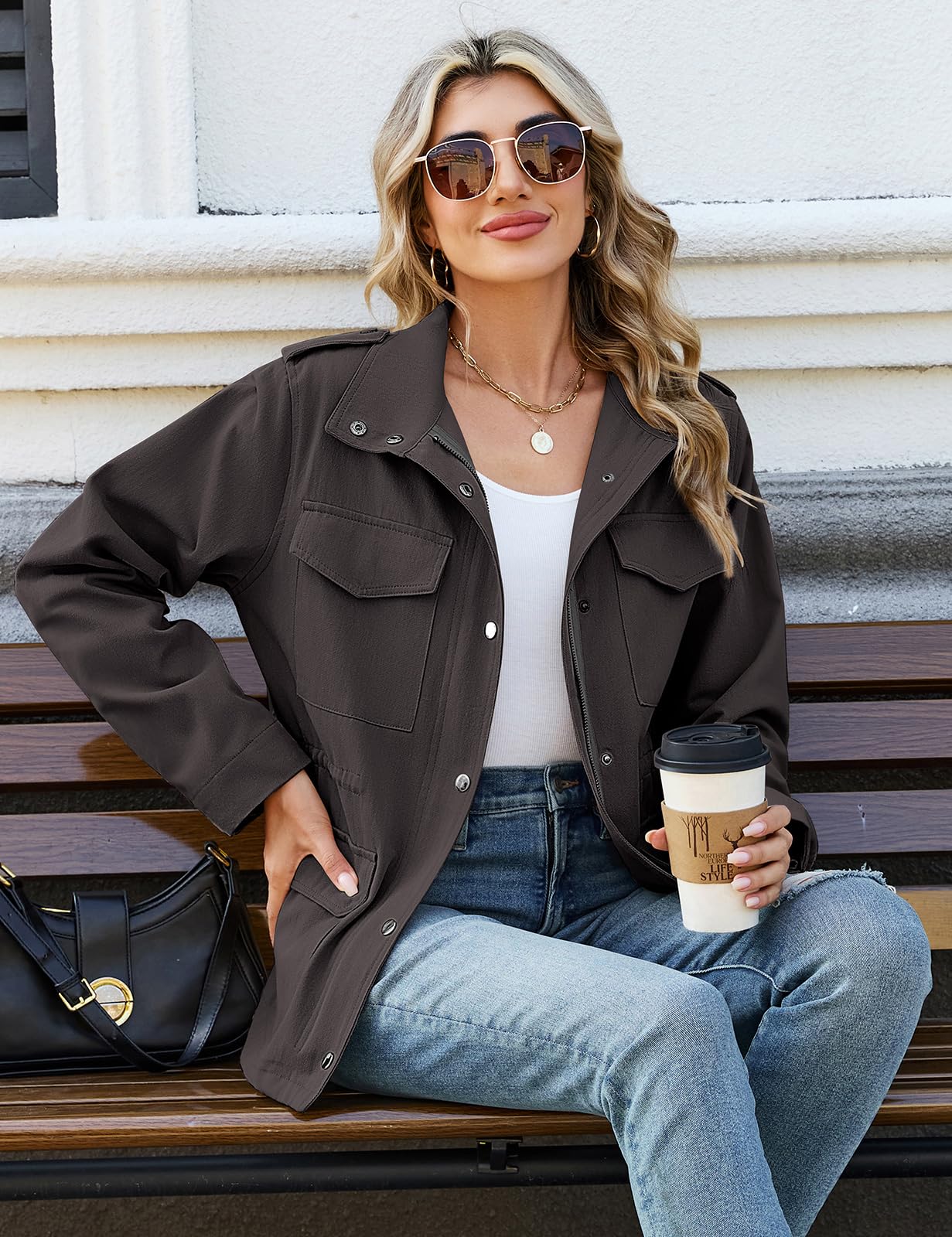 Tuopuda Chaqueta Militar Mujer de Algodón Ligero Primavera Otoño Entretiempo Cazadora Casual Chaqueta Cintura Alta Cordón Parka con Bolsillos