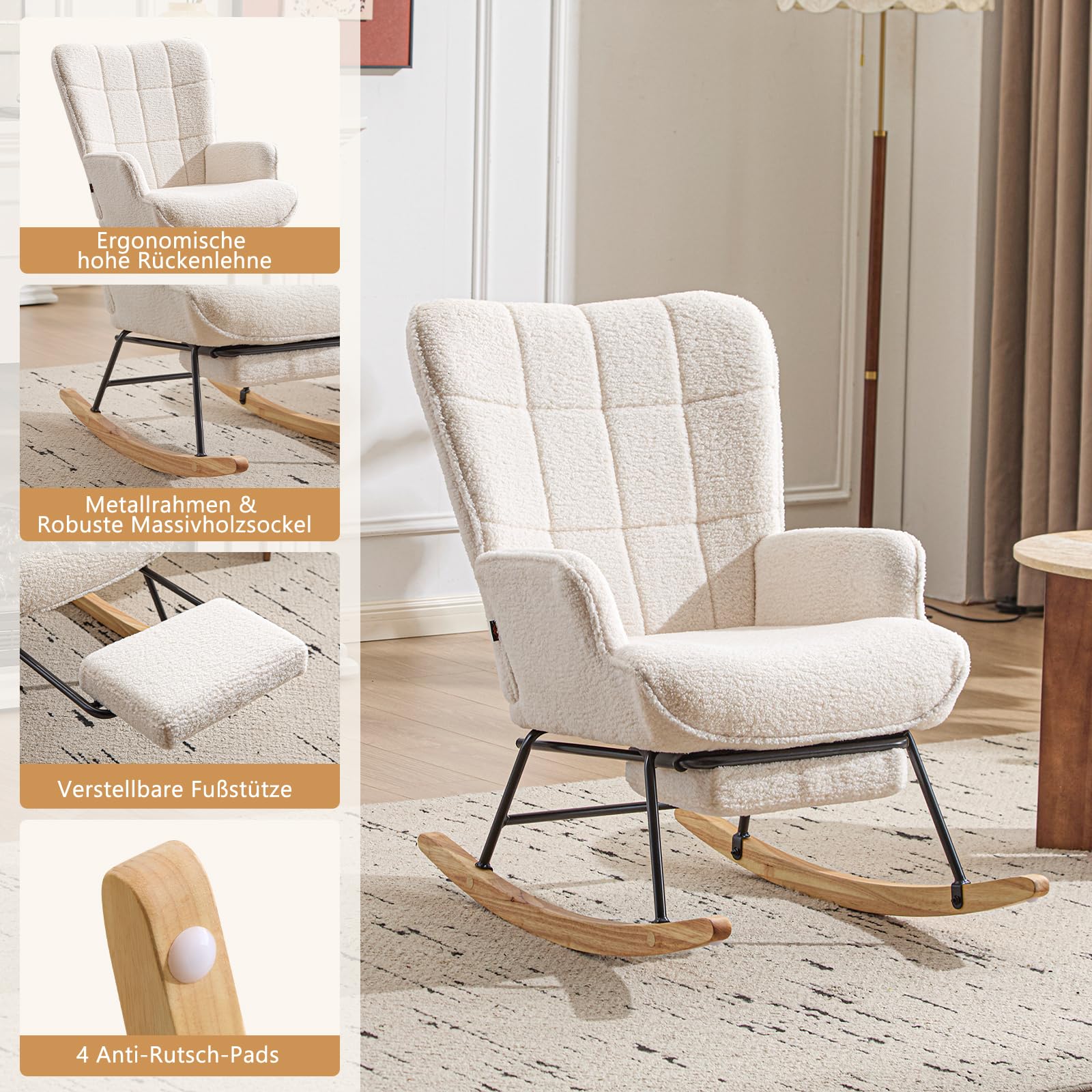 Schaukelstuhl mit Fußstütze, Schaukelsessel mit Fußstütze, Teddystoff Gepolsterter Lesesessel Relaxstuhl Sessel mit Holzkufen für Wohnzimmer Schlafzimmer, Elfenbeinweiß