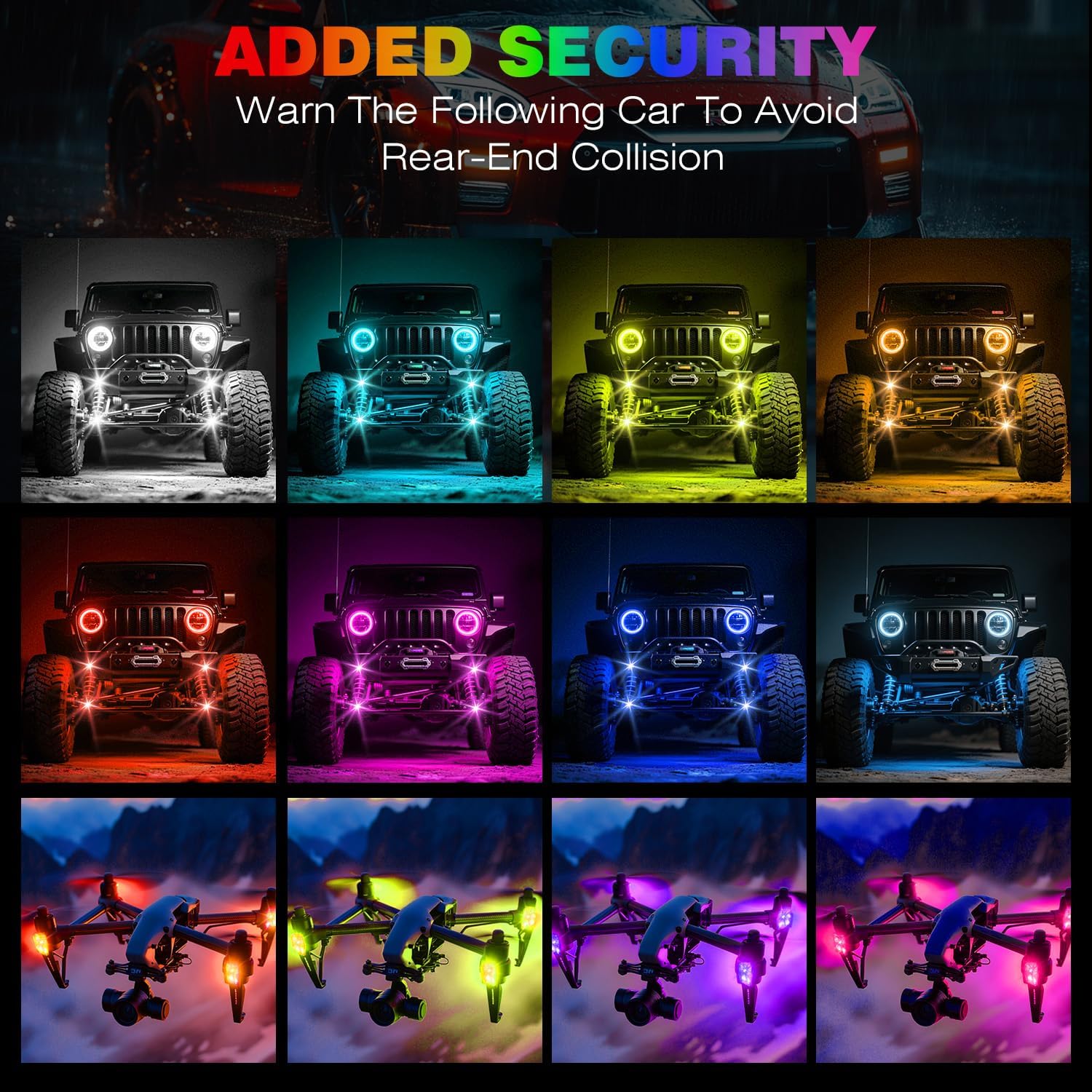 Various vehicles and a drone equipped with Suacopzar strobe lights in different colors