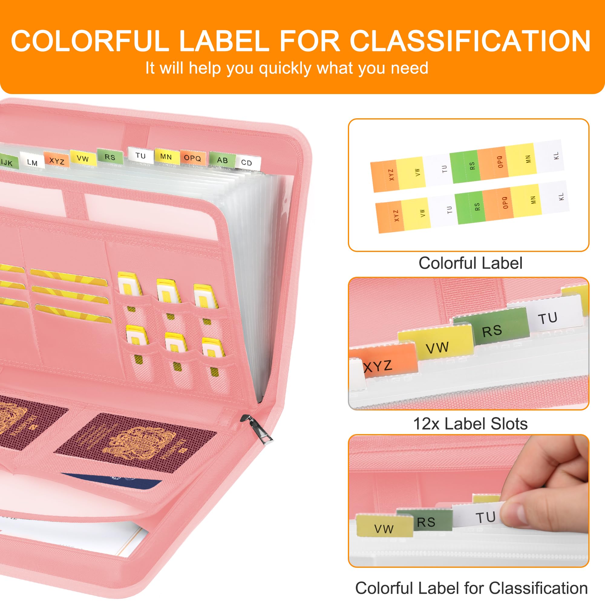 Organiseur de fichiers accordéon, 13 poches ignifuges avec plusieurs poches, organiseur de documents portable avec fermeture éclair pour documents et fichiers, rose
