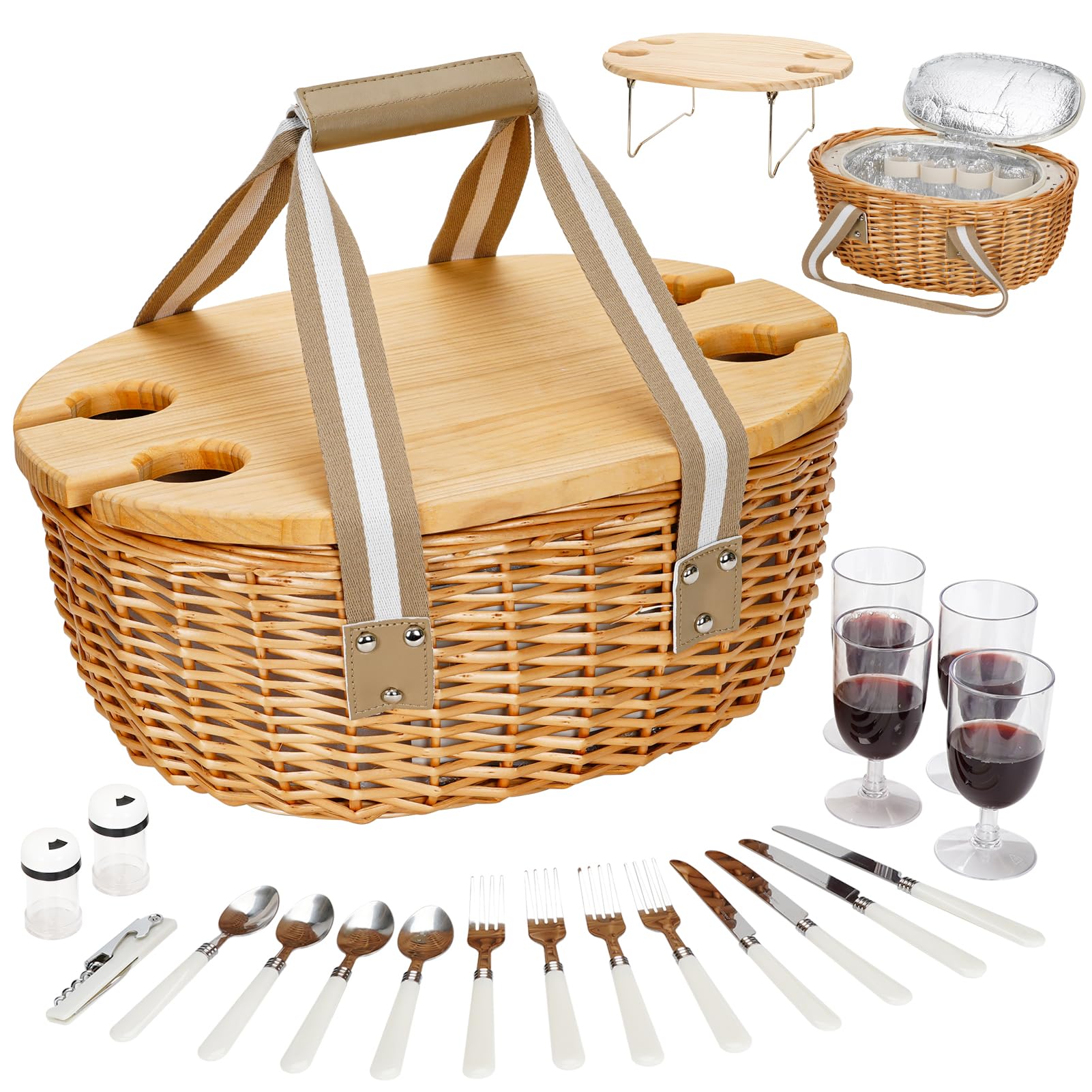 STBoo Picnic Basket for 4 - Wicker Picnic Set with Wine Table(Beige)
