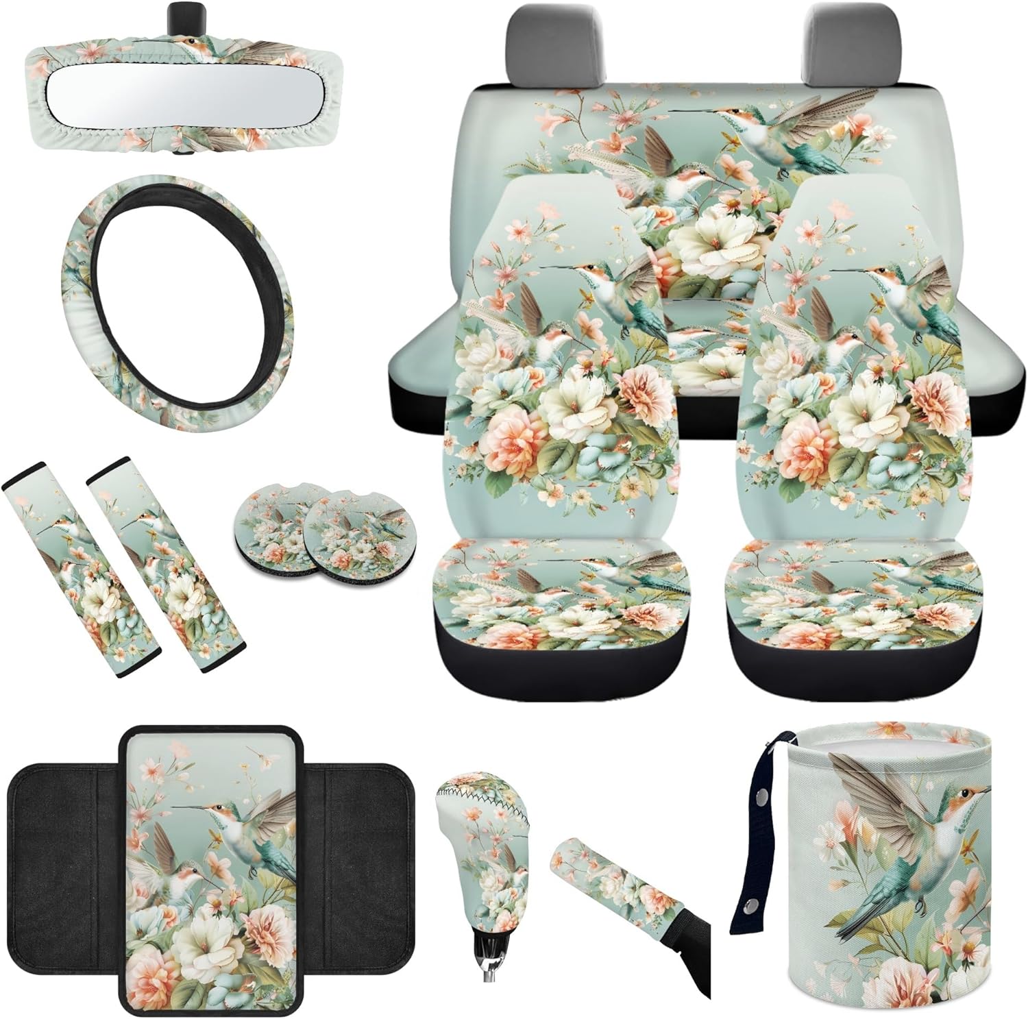 Black Zebra Stripes 14 PCS Car Seat Cover Set with Auto Steering Wheel Cover Seat Belt Strap Cup Holder Trash Bag Gear Shift Knob Covers Set Rear View Mirror Covers Auto Armrest Pad