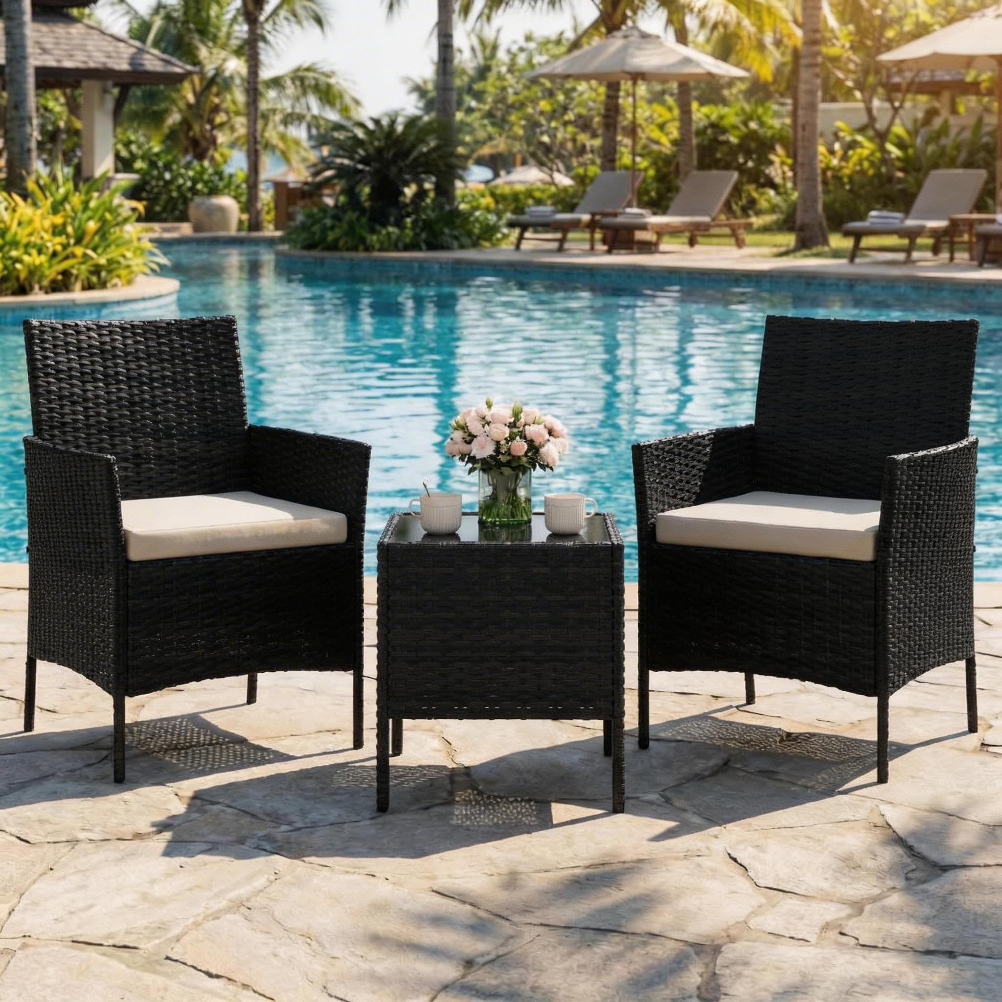 GAOMON 3-Piece Patio Bistro Conversation Set, PE Rattan Wicker Outdoor Furniture - 2 Cushioned Chairs &amp; Tempered Glass Coffee Table - All-Weather for Balcony/Porch/Yard - Black/Grey/Brown &amp; Beige