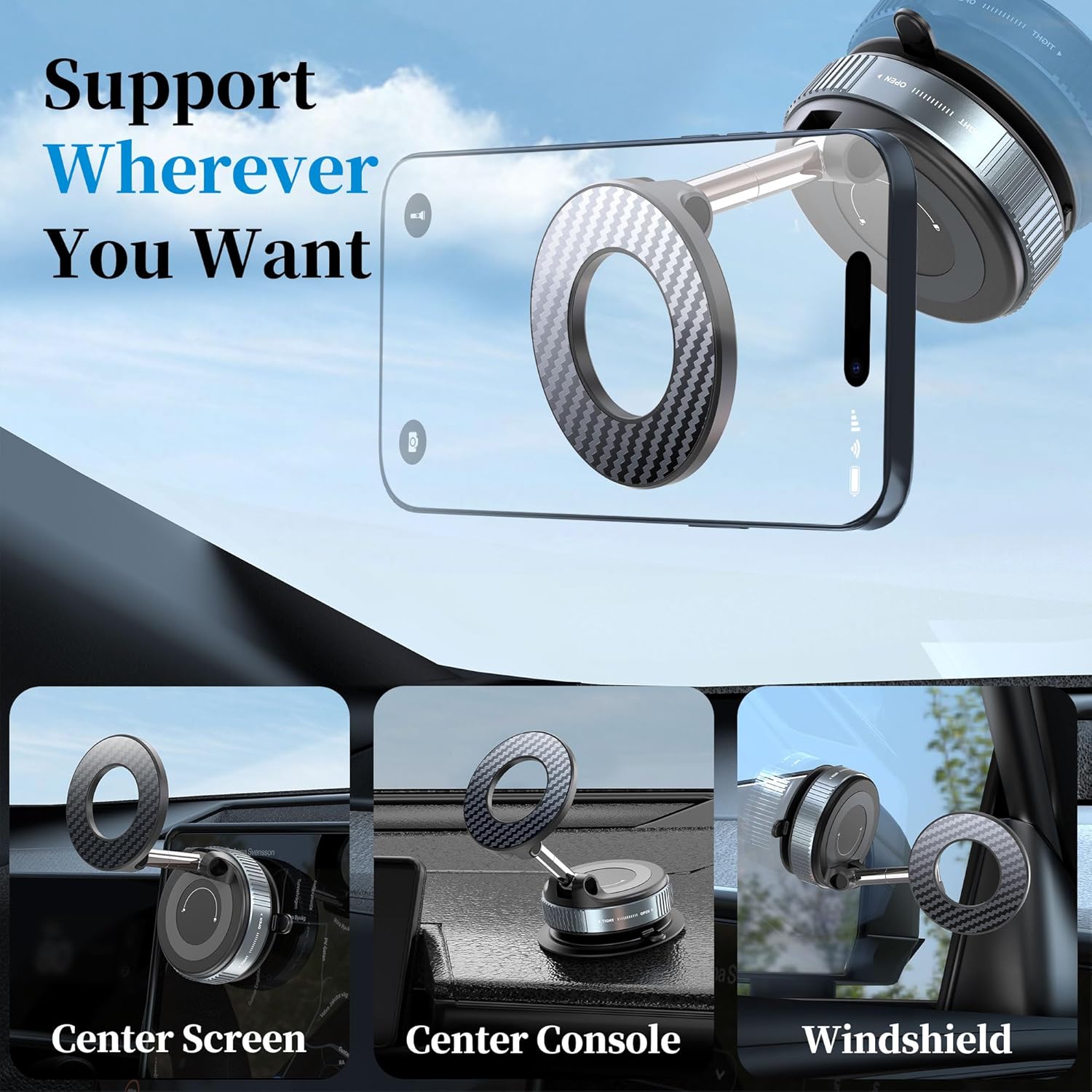 PlusAcc Vacuum Magnetic Car Phone Holder - Suction Cup Phone Mount 360° Rotatable Foldable Portable Strong Magnet Stand for iPhone 16/15/14/13 & Samsung in Gym, Mirror,Smooth Surface, All Vehicles - Image 3