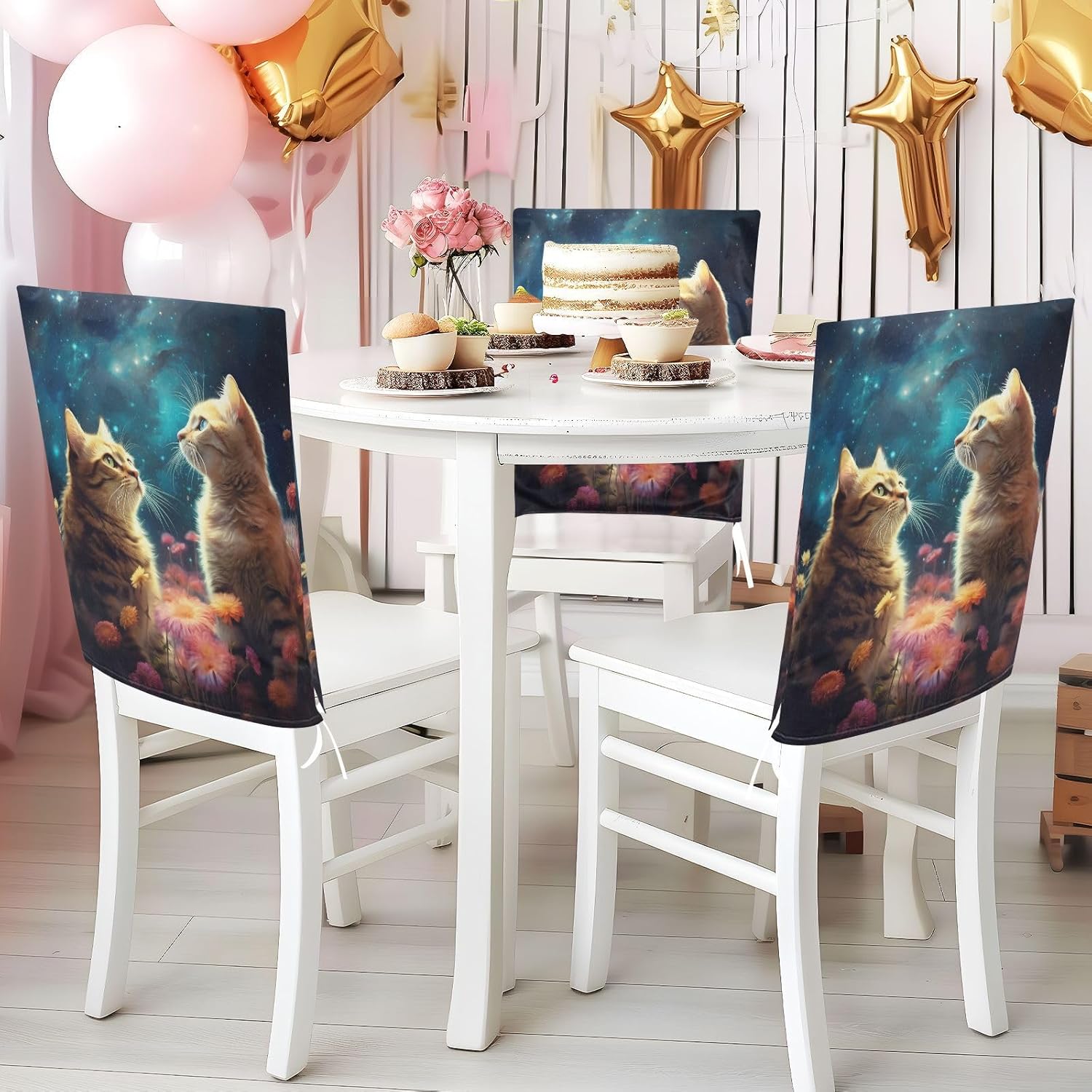 ALAZA Cute Cats Flower Galaxy Chair Back Cover Set of 6, Washable Reusable Removable Chair Slipcovers Decorative Chair Cover for Home Kitchen Wedding Party