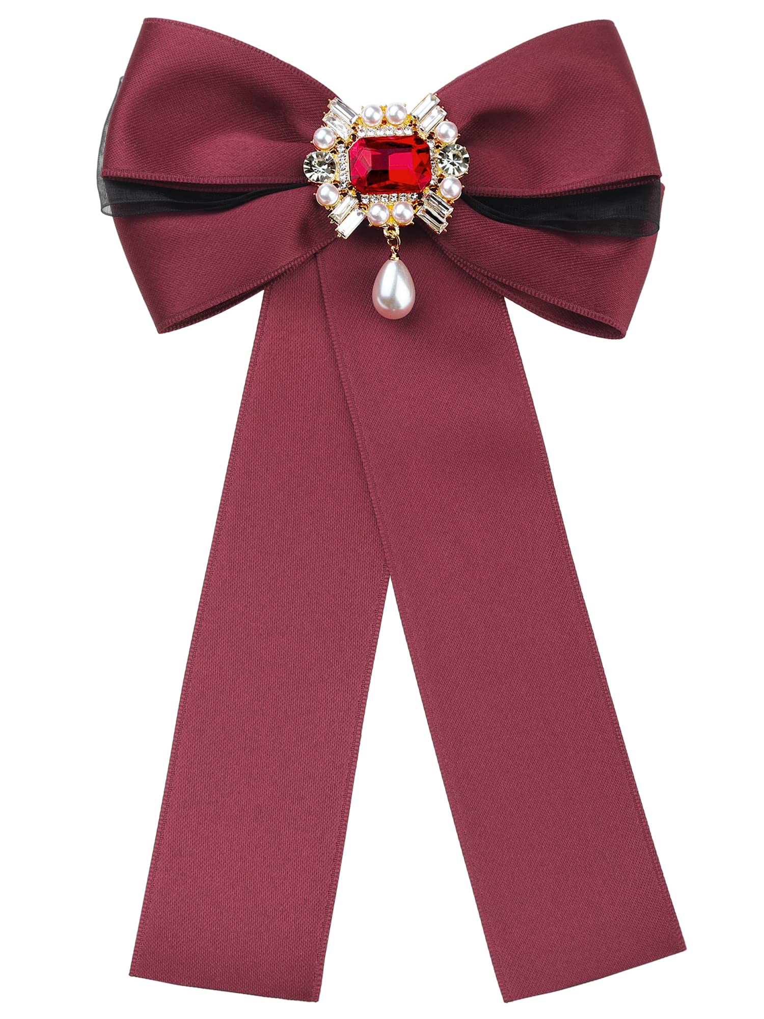 Elerevyo Women's Red Bow Brooch Pre-Tied Bowknot With Faux Rhinestone Elegant Bow Tie One Size