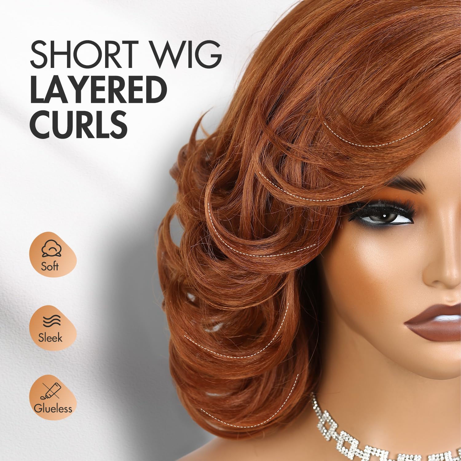 WIGNEE Short Curly Wigs For Black Women Pre Cut Layered Bob Wigs with Bangs Natural Hairline Body Wave Wig Side Part Wear and Go Synthetic Hair Daily Use Cosplay(12Inch, Ginger)