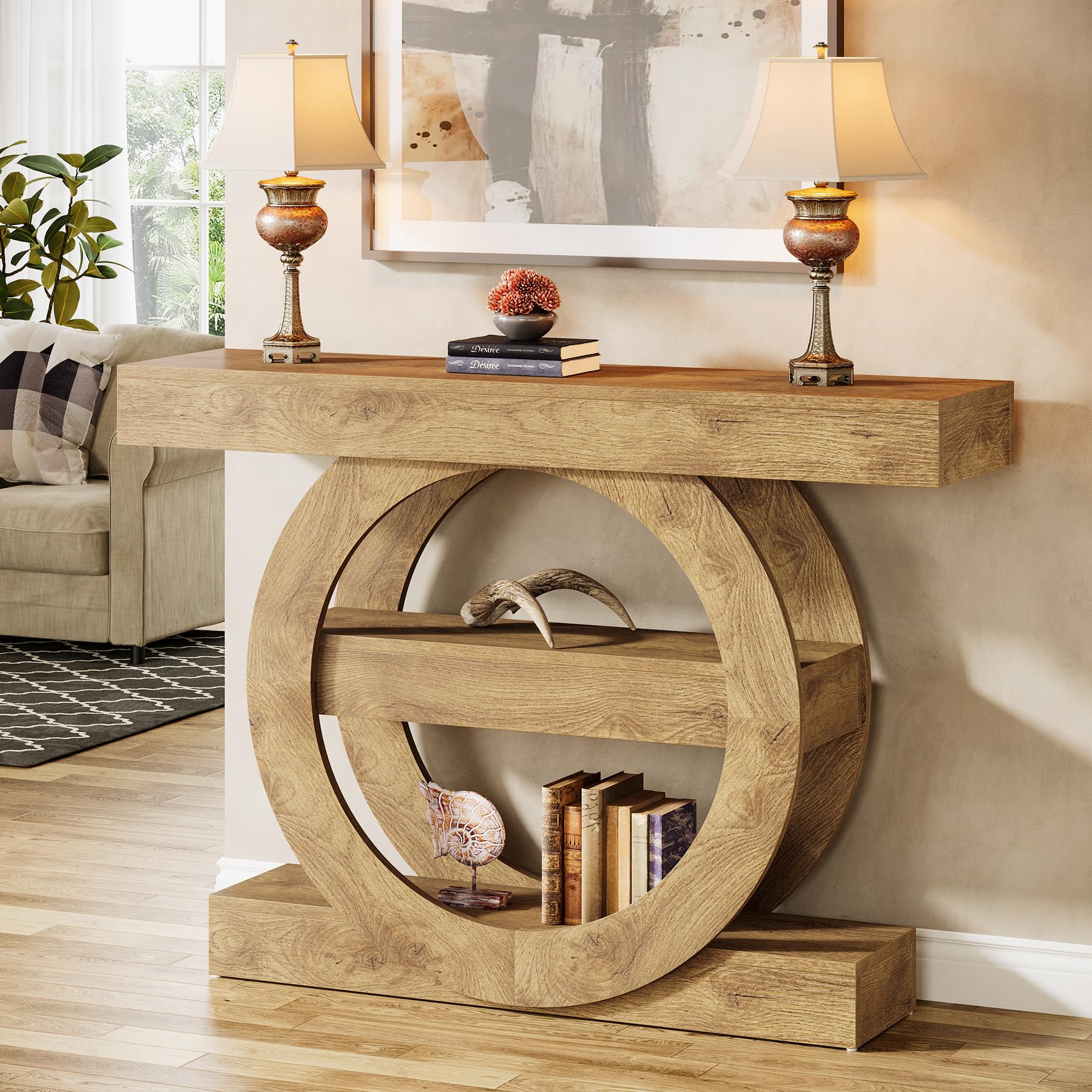 Tribesigns Table Console étroite pour canapé, 105 x 30 x 80 cm, Table d'entrée à 3 Niveaux, Console Meuble avec Rangement pour Couloir, Salon, Bureau et Chambre à Coucher, Marron (Brun Clair)