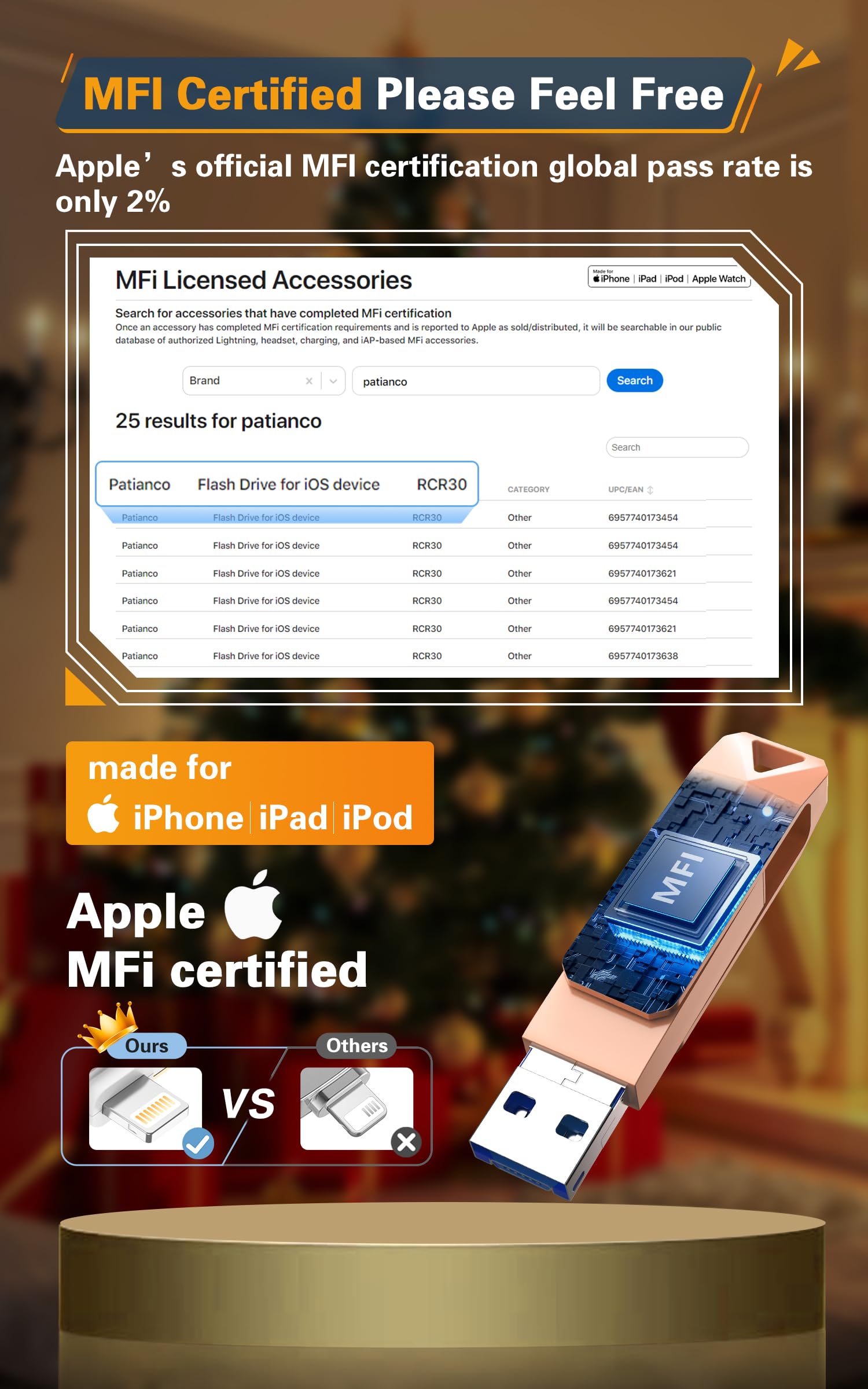 Patianco Chiavetta USB per iPhone 256GB [MFi Certified] USB 3.0 Pendrive per Lightning Chiave USB C Memoria Stick 3 in 1 Backup Rapido con un Clic per OTG Android/Mac/PC/Type C-iPhone/iPad(256GB,Rosa)