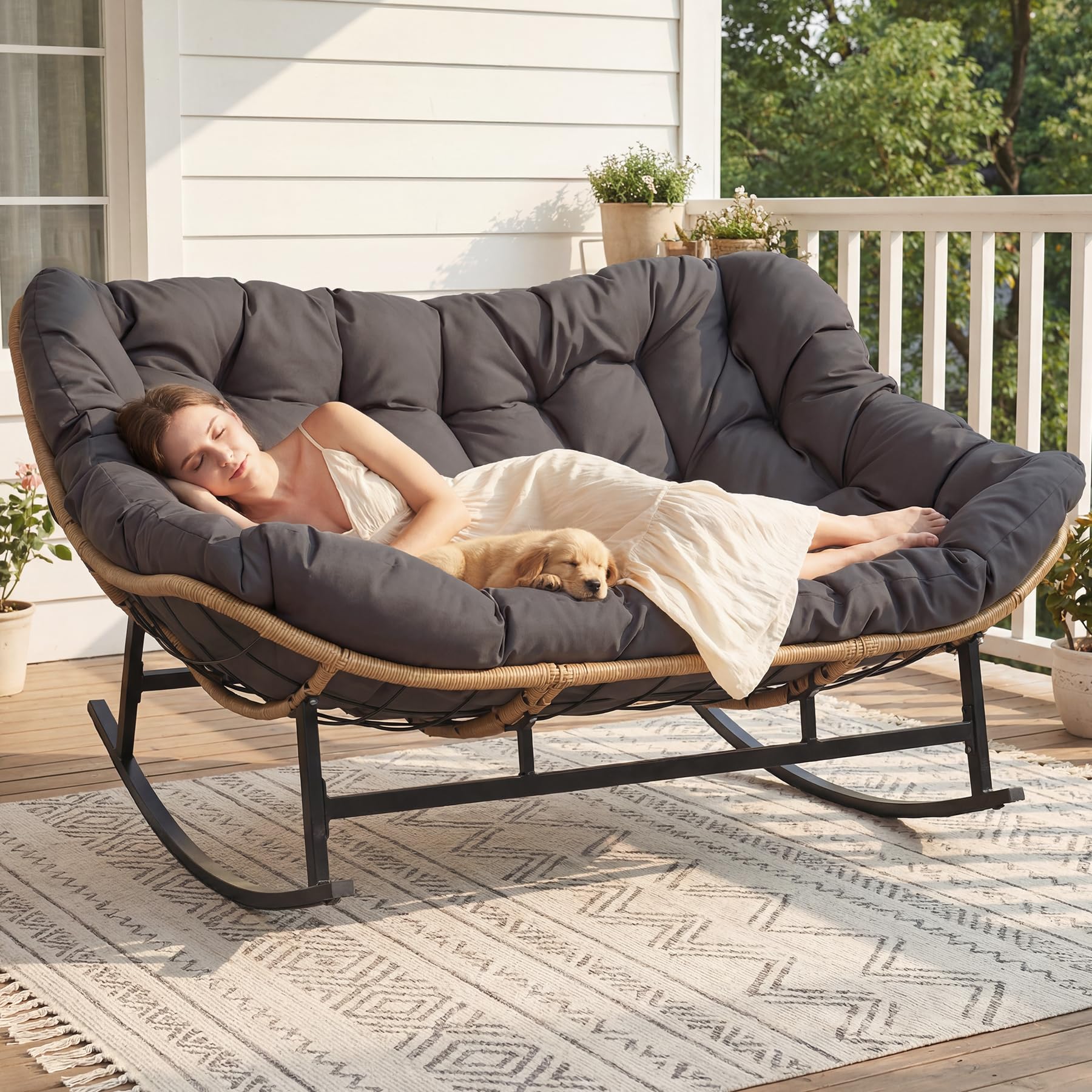 NICESOUL Double Papasan Rocking Chair Outdoor Indoor, XL Large Patio Padded Glider Lounge Chairs for 2, Comfortable Egg Rocker Loveseat with Cushion,