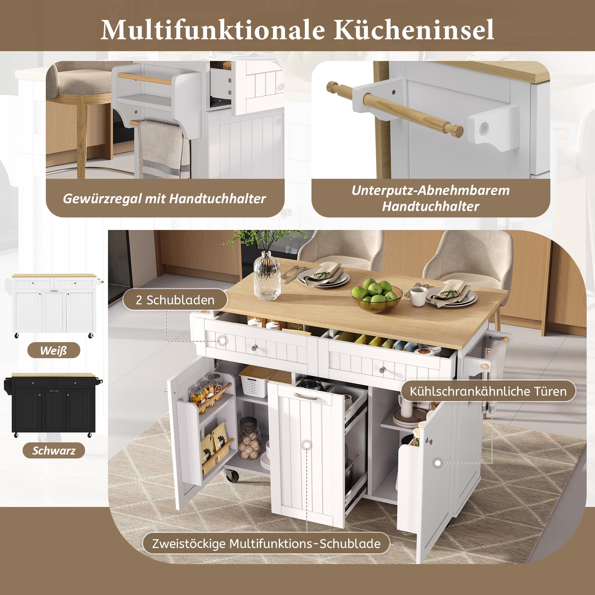 Bladez Isola da Cucina con Ruote e Cassetti, Piano Lavoro Estraibile, Penisola Cucina Multifunzionale con Tavolo, Ideale per Cucina e Sala da Pranzo (Bianco)