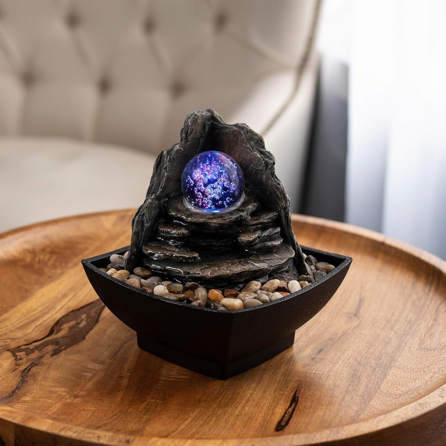Tabletop Water Fountain- Rock Formation Waterfall with Rolling Glass Ball, Multi-Colored LED Lights, Electric Pump & Soothing Sounds by Pure Garden
