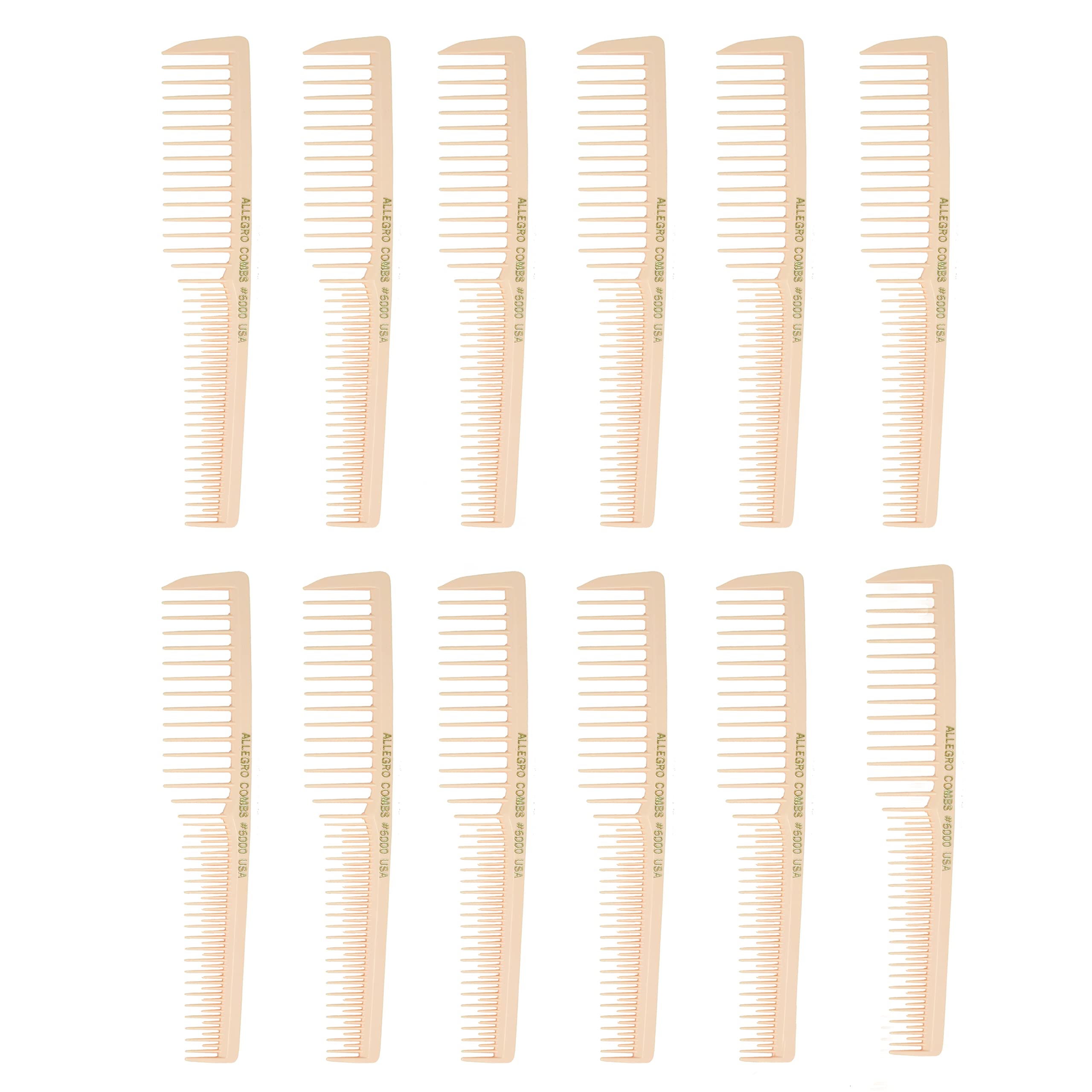 Allegro Combs 6000 Teasing Combs Lift Vent Hair Combs Space Tooth Wide Tooth Barber Stylist Curly Hair Parting 12 Pc. (New Light Peach)