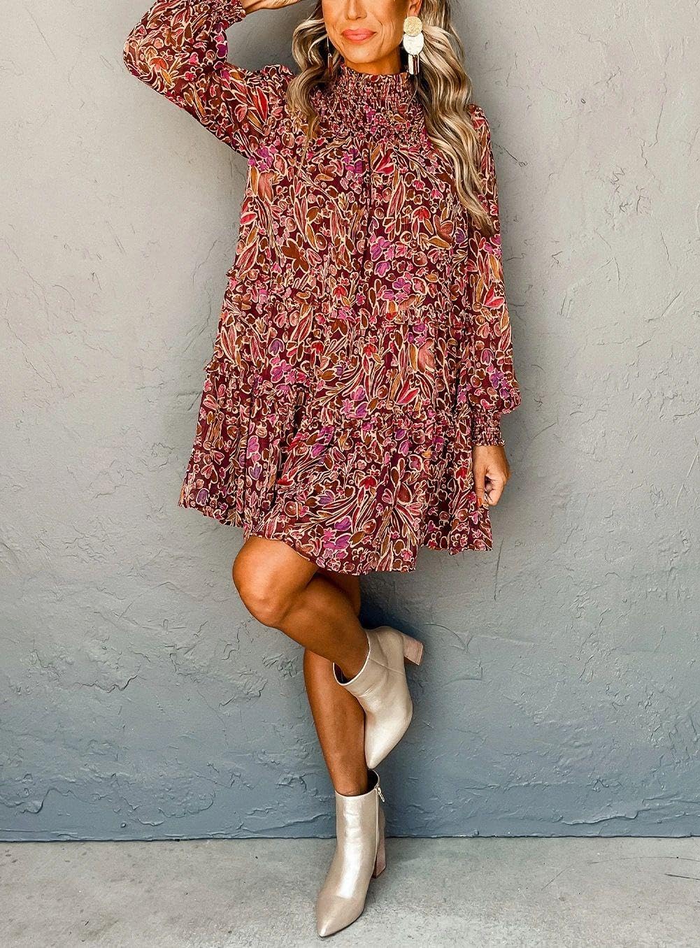 Apvirdy Womens Floral Print Boho Mini Dress Shirred Mock Neck Smoked Puff Sleeve Dress A-line Flowy Short Dresses