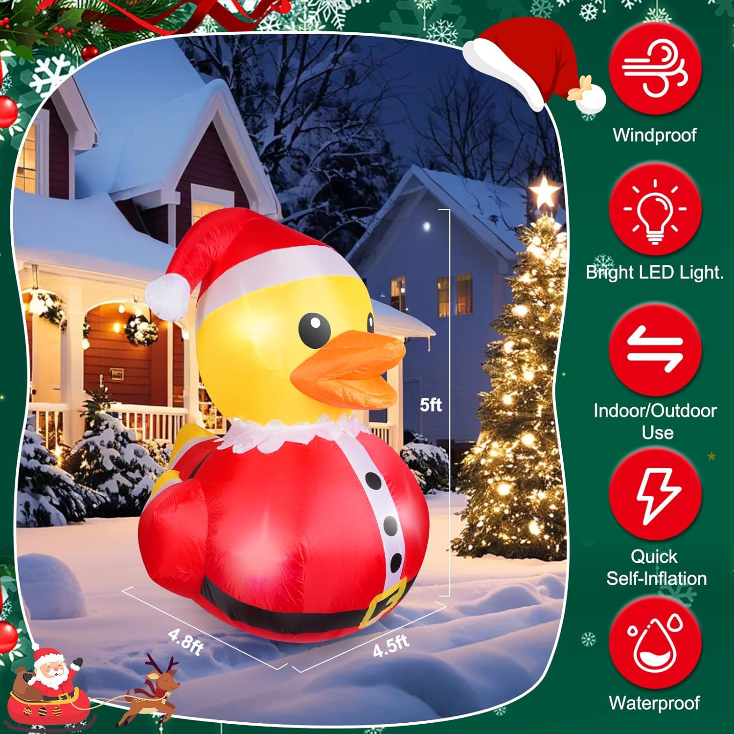 1Pcs 5 Feet Christmas Giant Inflatable Snowman Duck Outdoor Decorations,Build-in LEDs Lights Blow Up Yard Yellow Duck with Red Snowman Cloth for Indoor Christmas Holiday Party Garden Patio Lawn Decor - Image 2