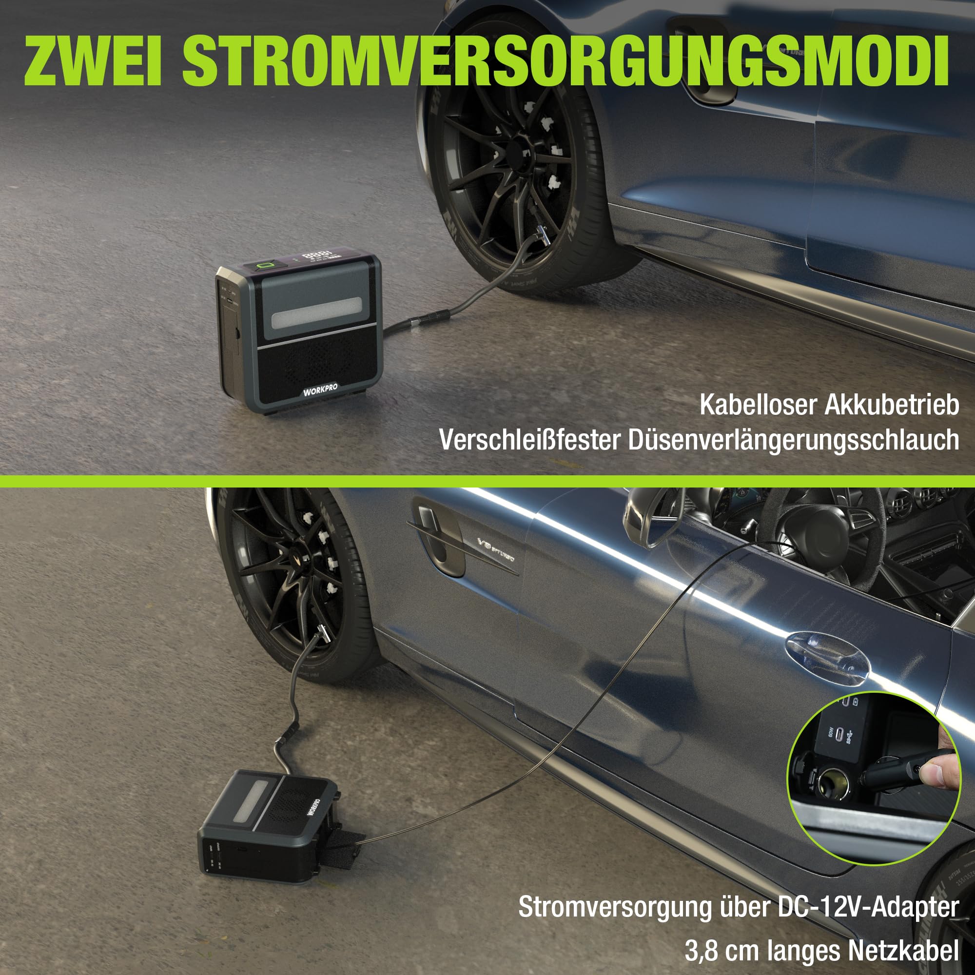 WORKPRO Kabellose Elektrische Luftpumpe 3-in-1 mit LED-Licht, Powerbank, Akku Kompressor mit Display & Abschaltautomatik, für Auto, Fahrrad, Motorrad, Bälle – USB & 12V Ladeoption | Digitales Display und automatische Abschaltung zum Aufpumpen von Auto, Mo