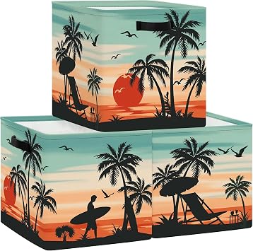 11.8" Tropical Beach Cube Storage Organizer Set Palm Trees Cube Storage Bin for Adult to Organize Clothes for Bathroom, Bedroom, 3Pcs