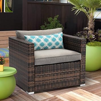  HOMPUS Outdoor كراسي مفردة في جميع الأحوال الجوية منسوجة يدويًا من خشب الخيزران البني مع وسادة رمادية دافئة مع وسادة للحديقة ، بجانب المسبح ، في الفناء الخلفي 