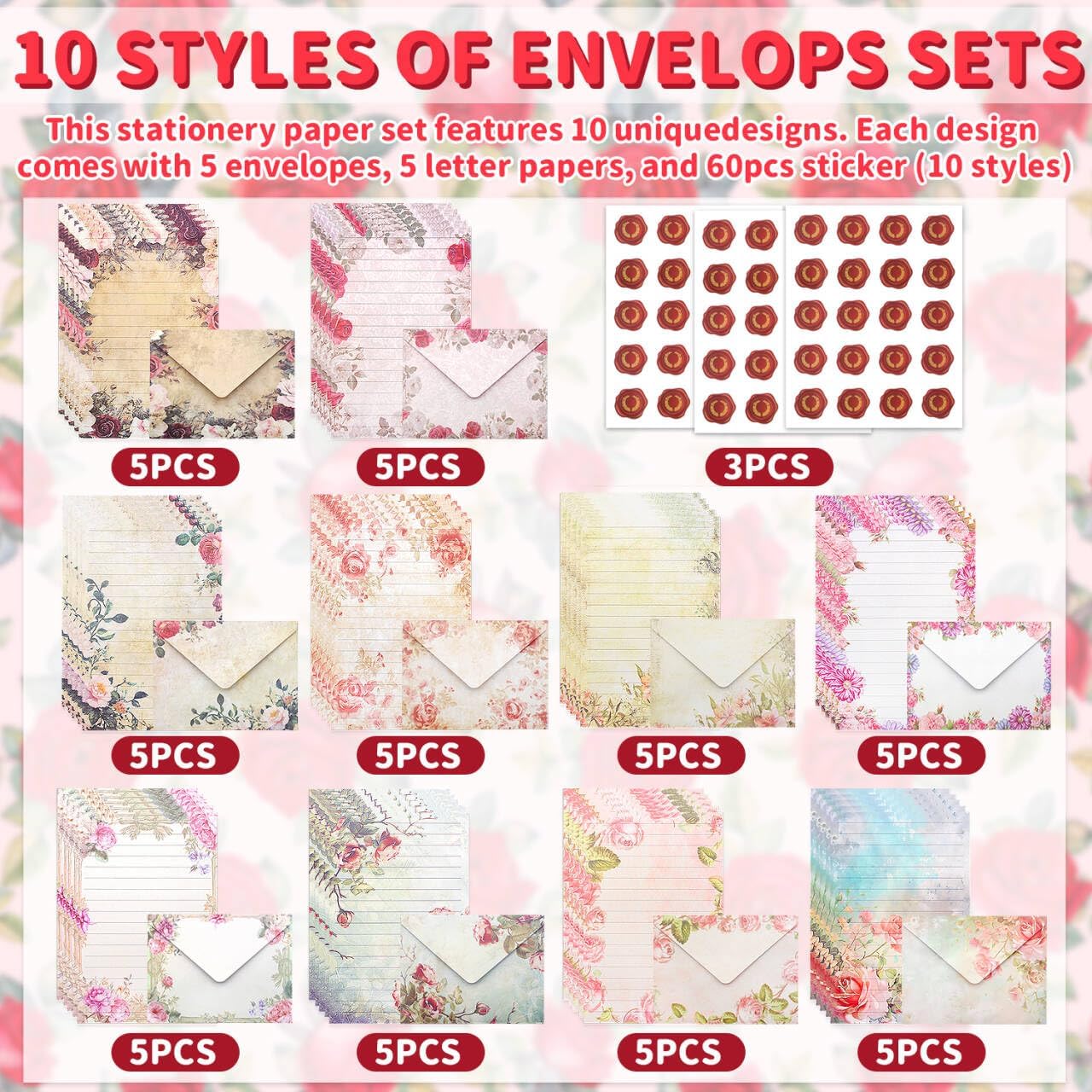 160 Pcs Stationery Paper Set Including 50 Matching Envelopes 50 One Sided Stationery Writing Papers 60 Round Dot Sticker for School Office Supplies,10 Design, 5.5 x 8.25 Inch(Vintage Floral) image 5 of 7 B0FHT5K534