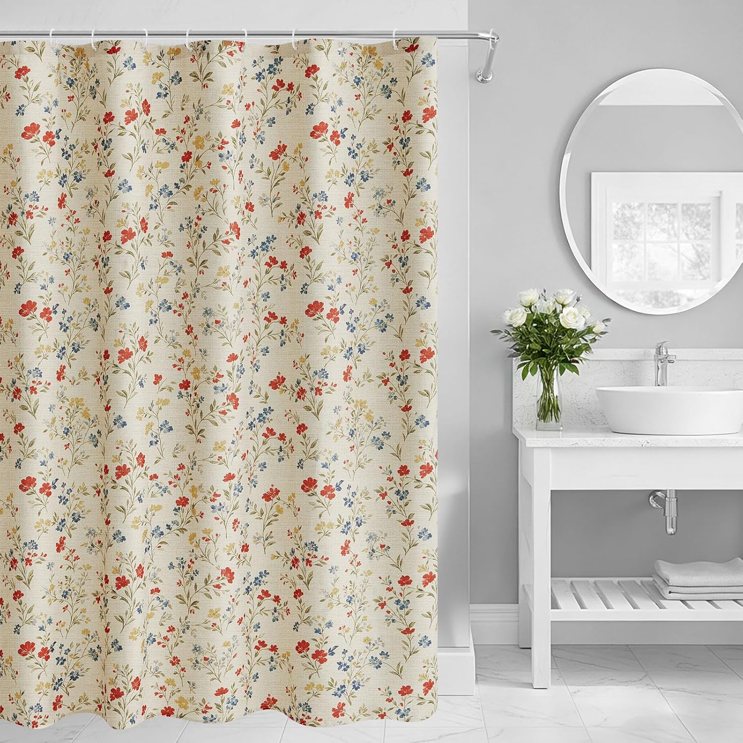 Boao Floral Shower Curtain Linen Farmhouse Cottagecore Spring Shower Curtain Boho Rustic Wildflowers Water Repellent for Bathroom Farmhouse 72" W x 72" L(Vintage Flower)