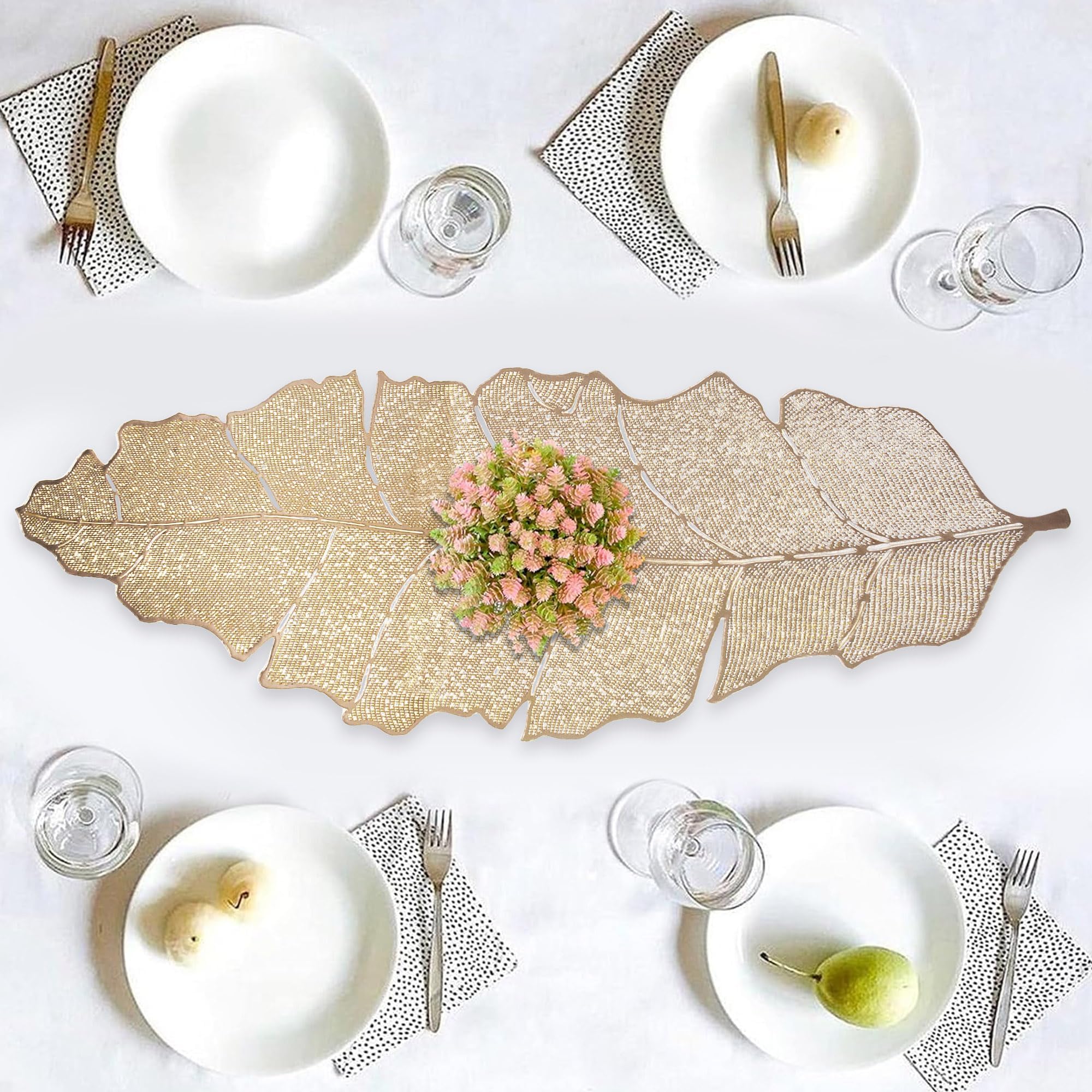Kuber Industries Table Runner | Leather | Golden | Leaf Pattern | 92x34x1 cm | Formal/Elegant