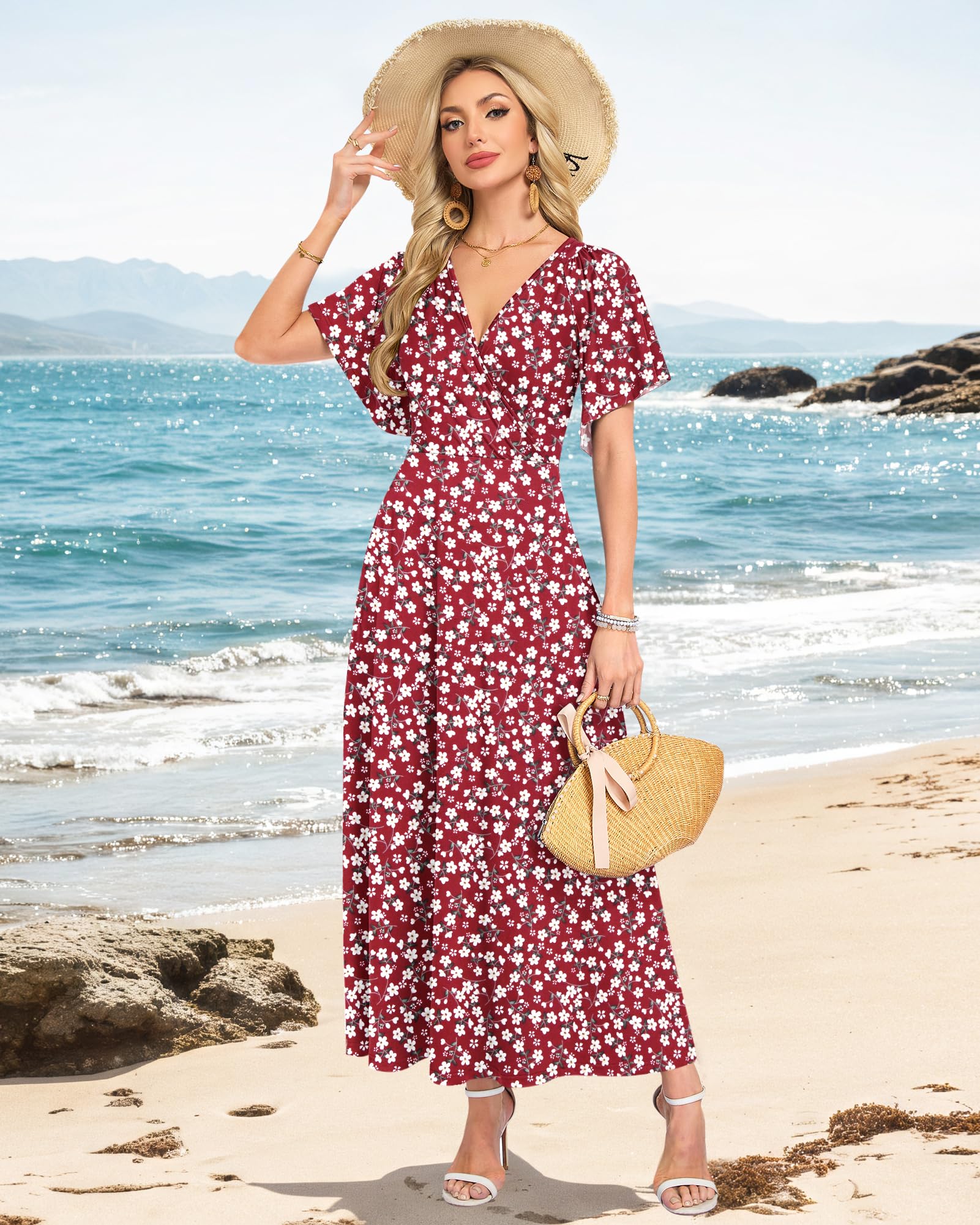 WNEEDU Robes d'été pour Femme Robe Longue à col en V Profond Robe Portefeuille élégante avec Poches