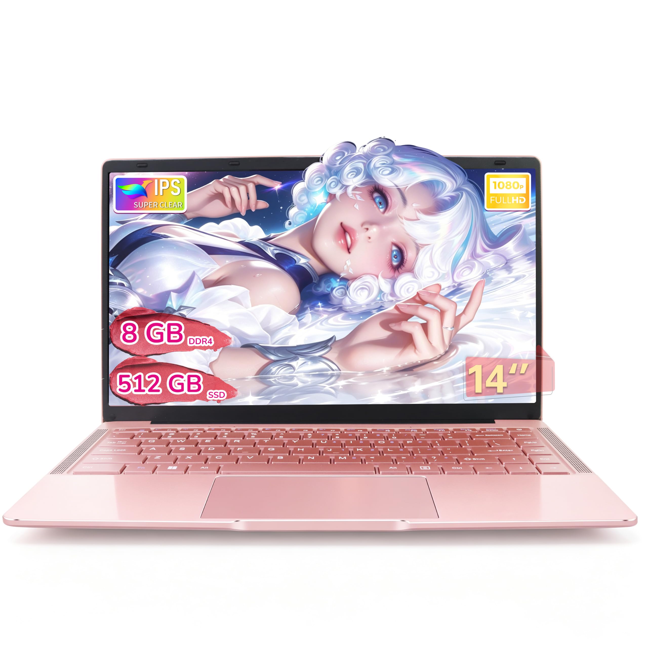 Amita PC Portatile 14 Pollici,8GB DDR4 512GB SSD,Processore Celeron,Schermo IPS FHD 1920x1080,Wi-Fi Dual-Band,USB 3.0,Custodia Tastiera(Tastiera ITA) e Mouse Inclusi - Rosa Oro (8GB RAM+512GB SSD)