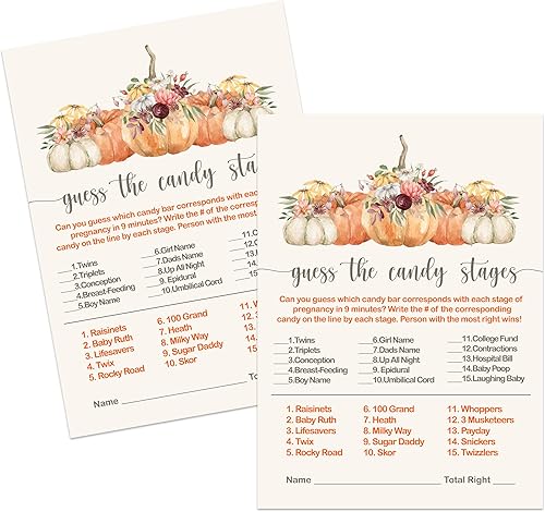 Miniatura 6 de Paper Clever Party Juego de calabaza Baby Shower Game Match The Candies tarjetas de actividad, floral y calabaza, juego de 4 x 6, paquete de 25