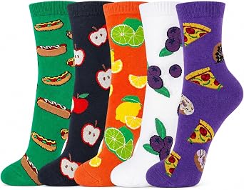 KONY Womens Cotton Novelty Crew Socks, Bunny Duck Food Pattern, 5 Pairs