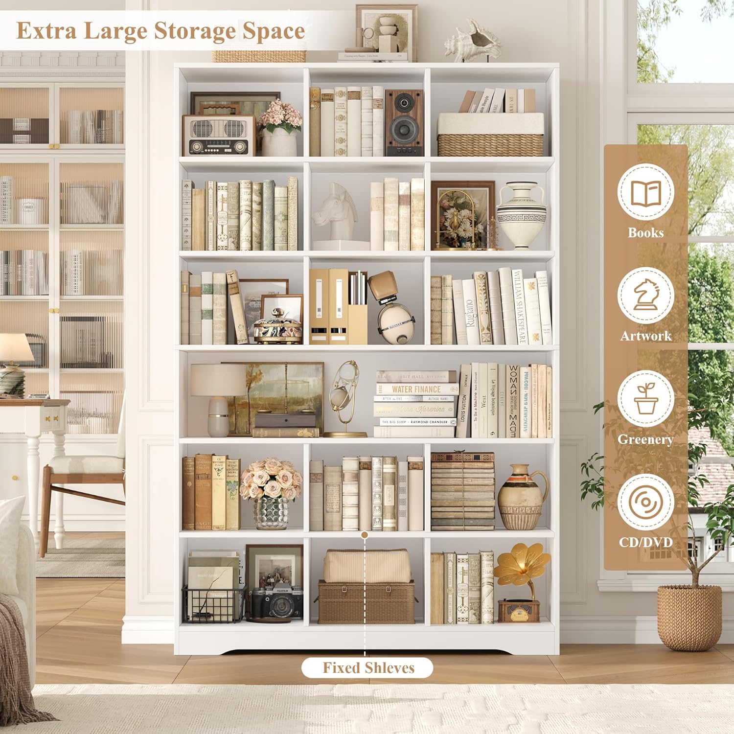 FINETONES 76” Tall Bookshelf with Storage, 6 Tier White Bookcase with 16 Open Display Shelves, Triple Wide Large Bookshelves and Bookcases, Wood Book Shelf Storage Cabinet for Home Office (White)