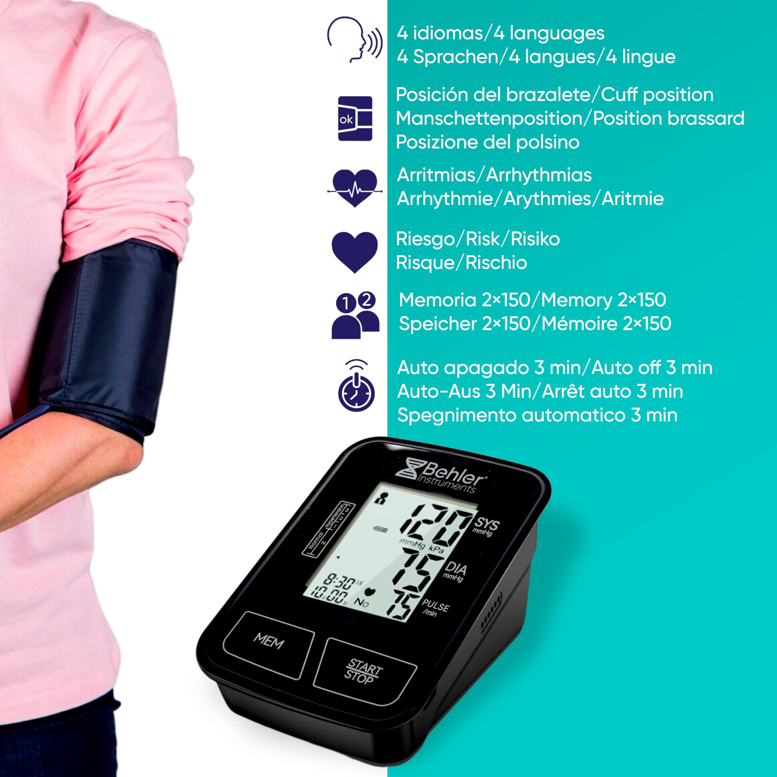 Tensiometro Brazo Digital Behler BDP-12C3 Automático – Medidor de Tensión Arterial con Voz (ES/FR/DE/EN) – Brazalete 22-42 cm – Detección de Arritmias y Promedio