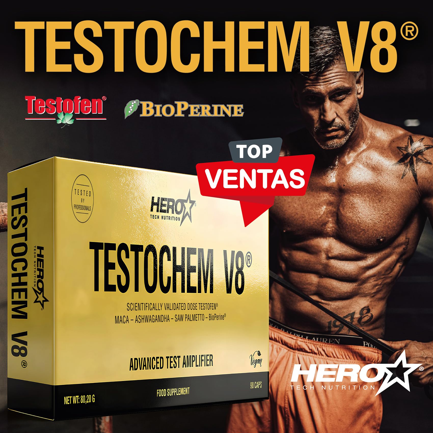 HERO TECH | TESTOCHEM V8 90 Cáps. | Aumentador de testosterona | Aumento de fuerza y energía | Ingredientes 100% naturales
