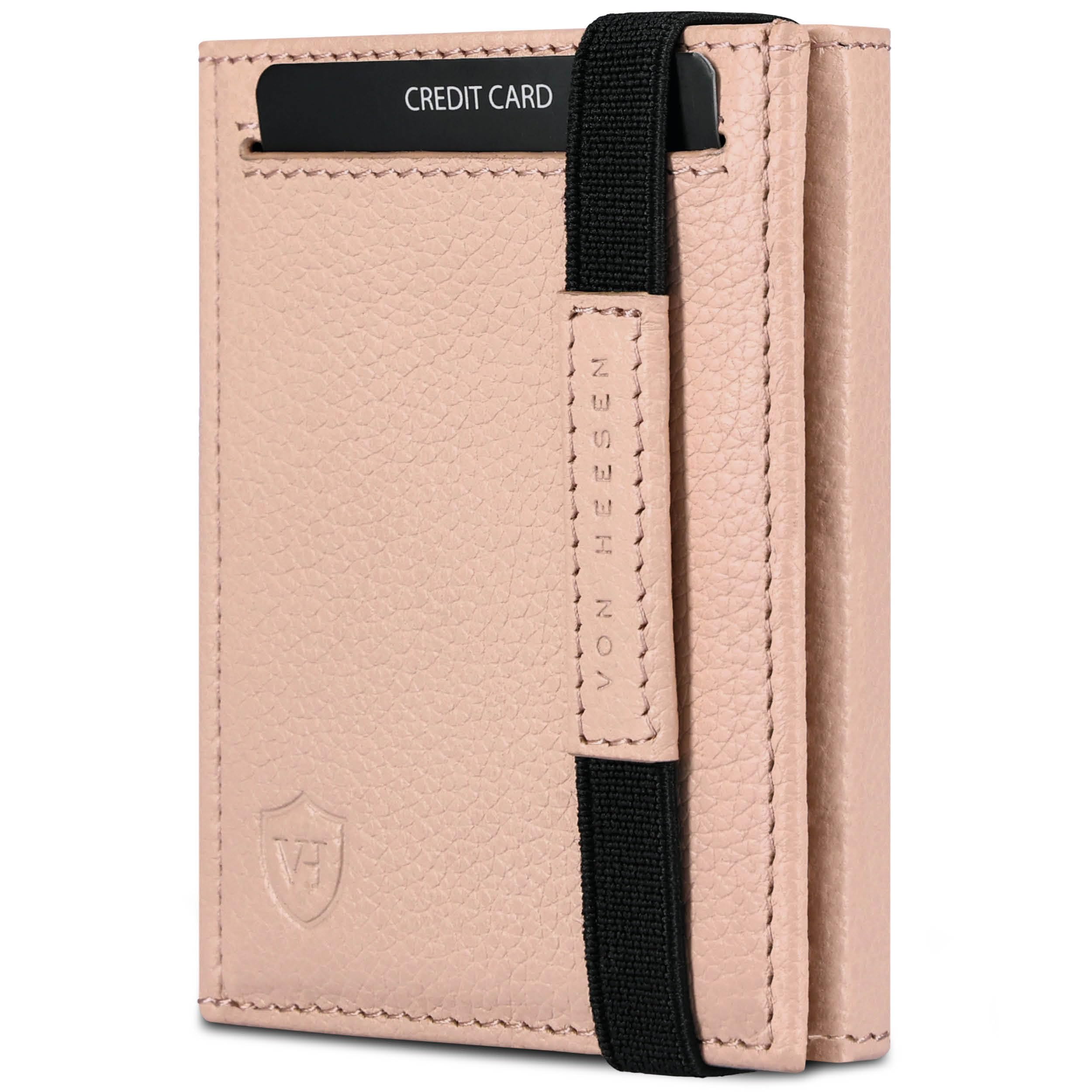VON HEESEN Slim Wallet mit RFID Schutz - Geldbörse Herren klein - Mini Geldbeutel Damen Portmonee - Kartenetui Echtleder Karten Portemonnaie - Leder Kreditkartenetui Rose