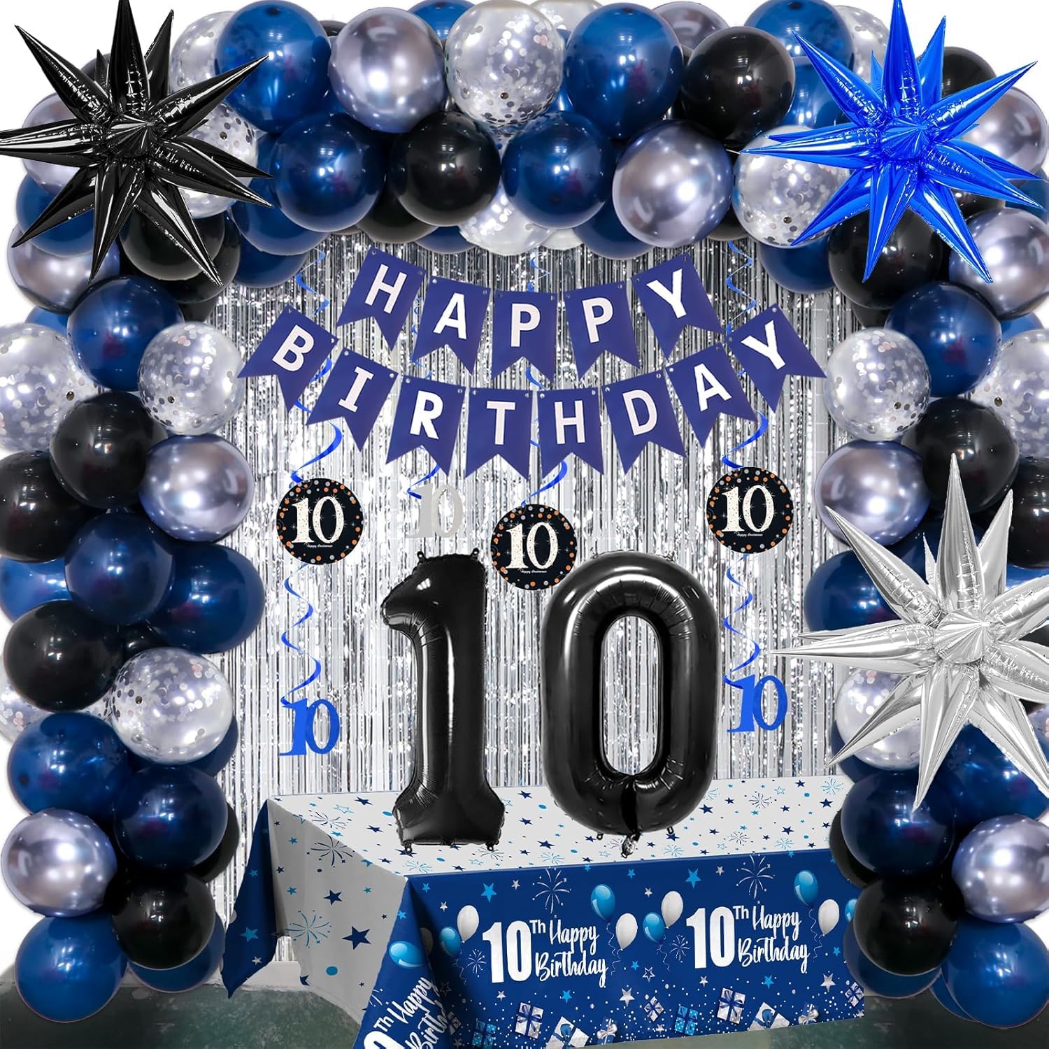 10th Birthday Decorations for Boys and Girls Dark Blue, Double Digits Birthday with HAPPY BIRTHDAY Banner 10 Balloon Number Tablecloth Foil Star
