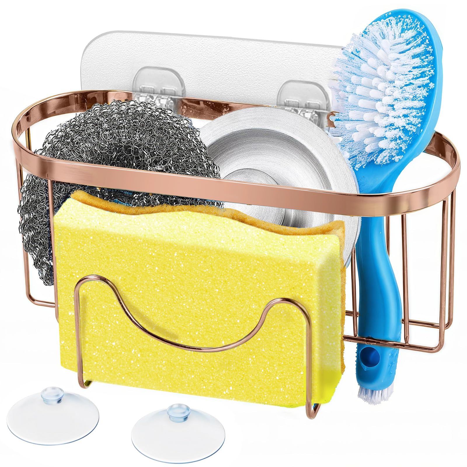 HOHOM 3-in-1 Kitchen Sink Caddy Dish Sponge Holder With Suction Cup, SUS304 Stainless Steel Hanging Organizer, Copper