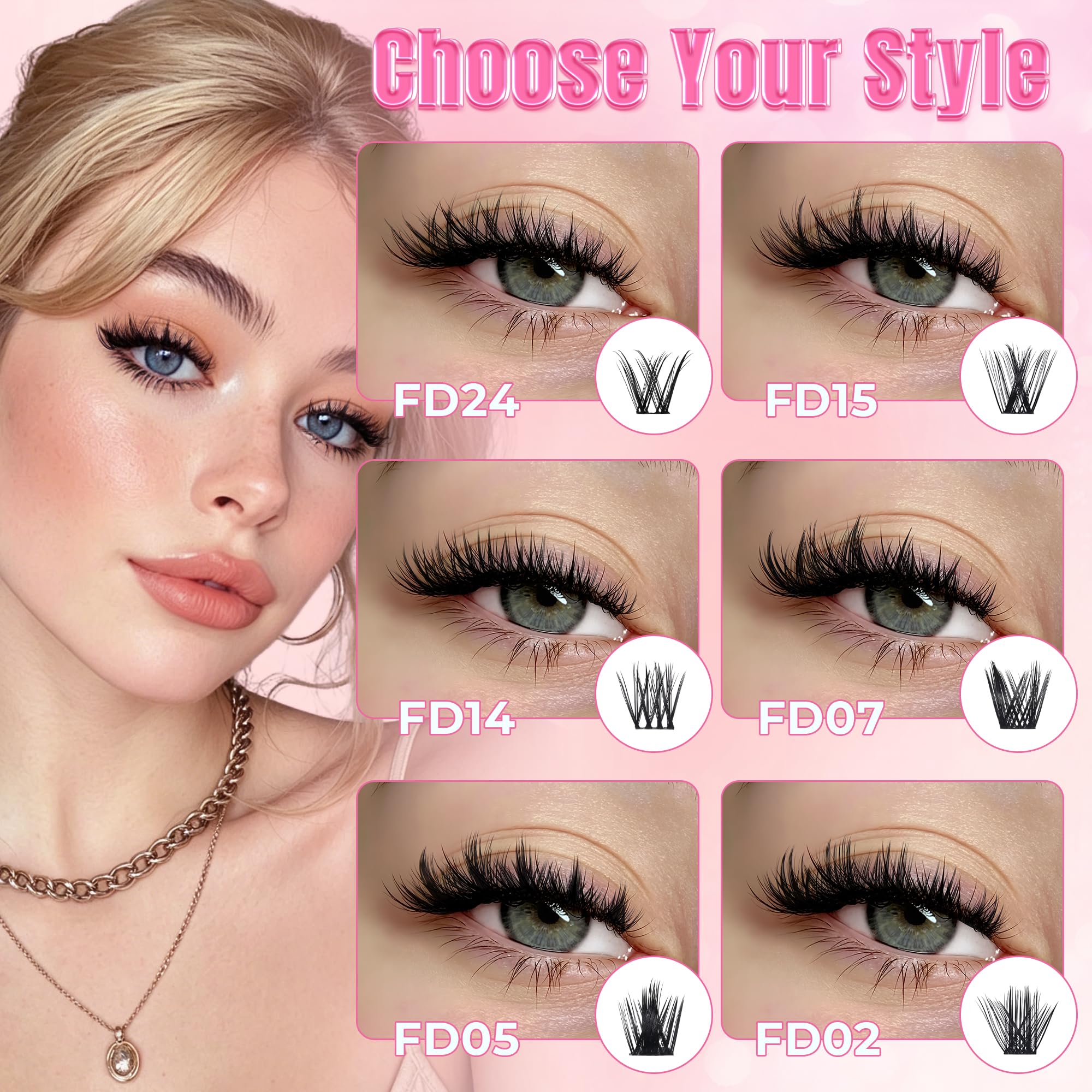 Ciglia Finte Ciuffetti Kit Extension Ciglia Lash Clusters con Bond e Rimuoviciglia 8-16mm,DIY Eyelash Extension Kit (DM-FD32)