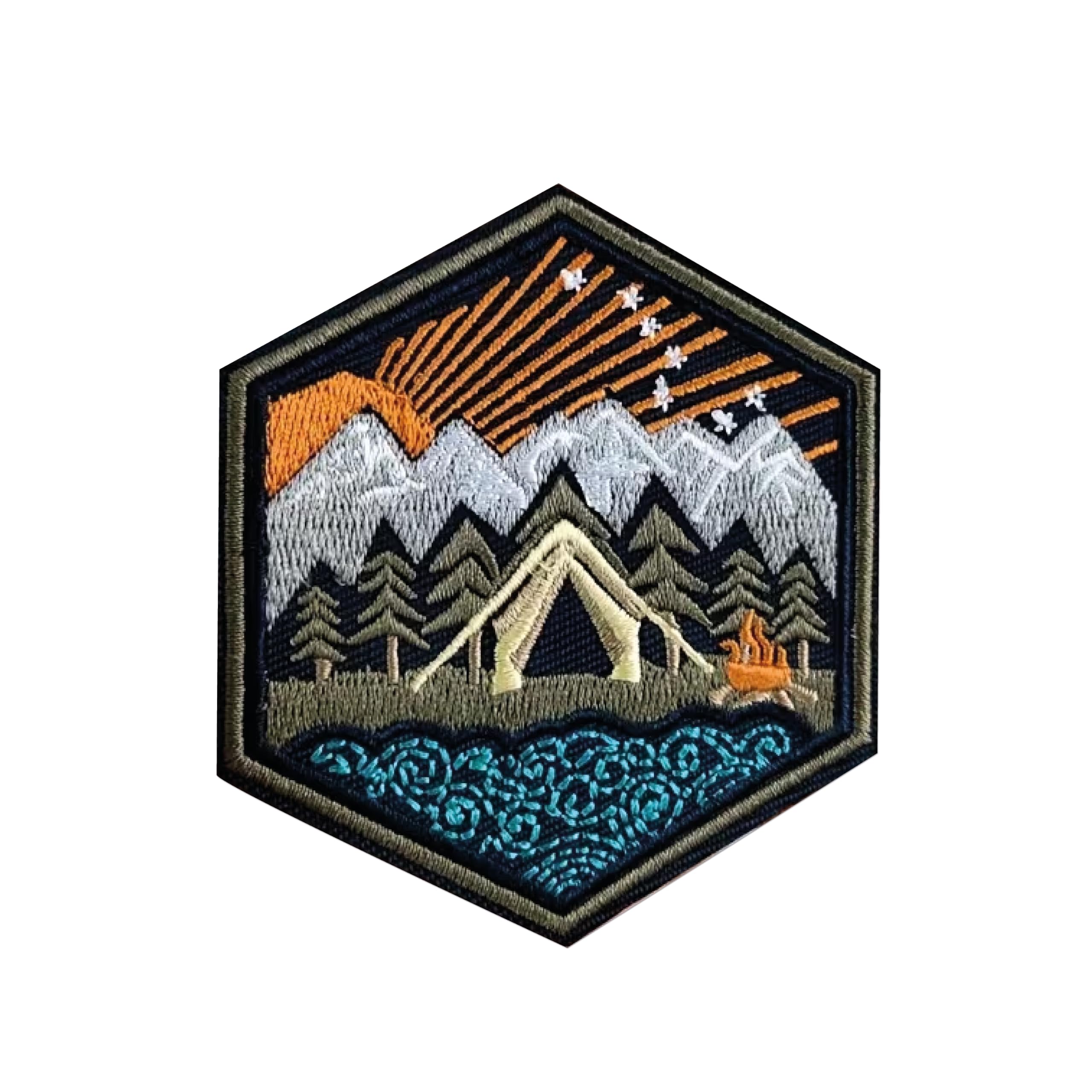 Mountain Camping Embroidered Patch Iron On/Sew On – Hexagon Nature Landscape Badge with Tent, Campfire, Forest & Sunrise for Jackets, Backpacks, Hats, Jeans & Outdoor Gear(2 Inchx 2 Inch)-image-40